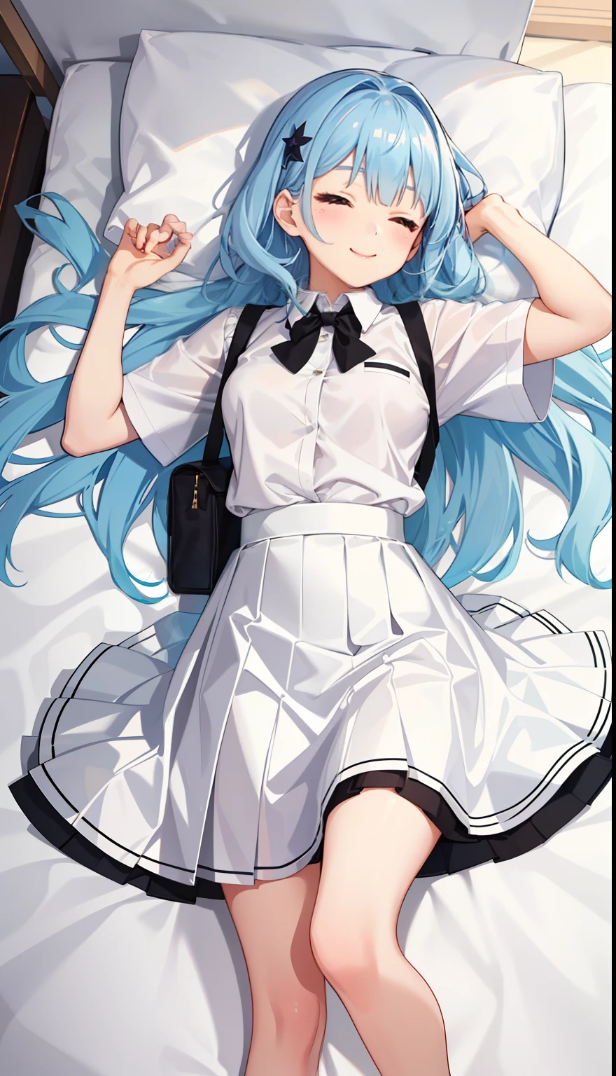 1girl in、A smile、A delightful! The shirt、pleatedskirt、White skirt、(small tits)Sleeping in large letters、