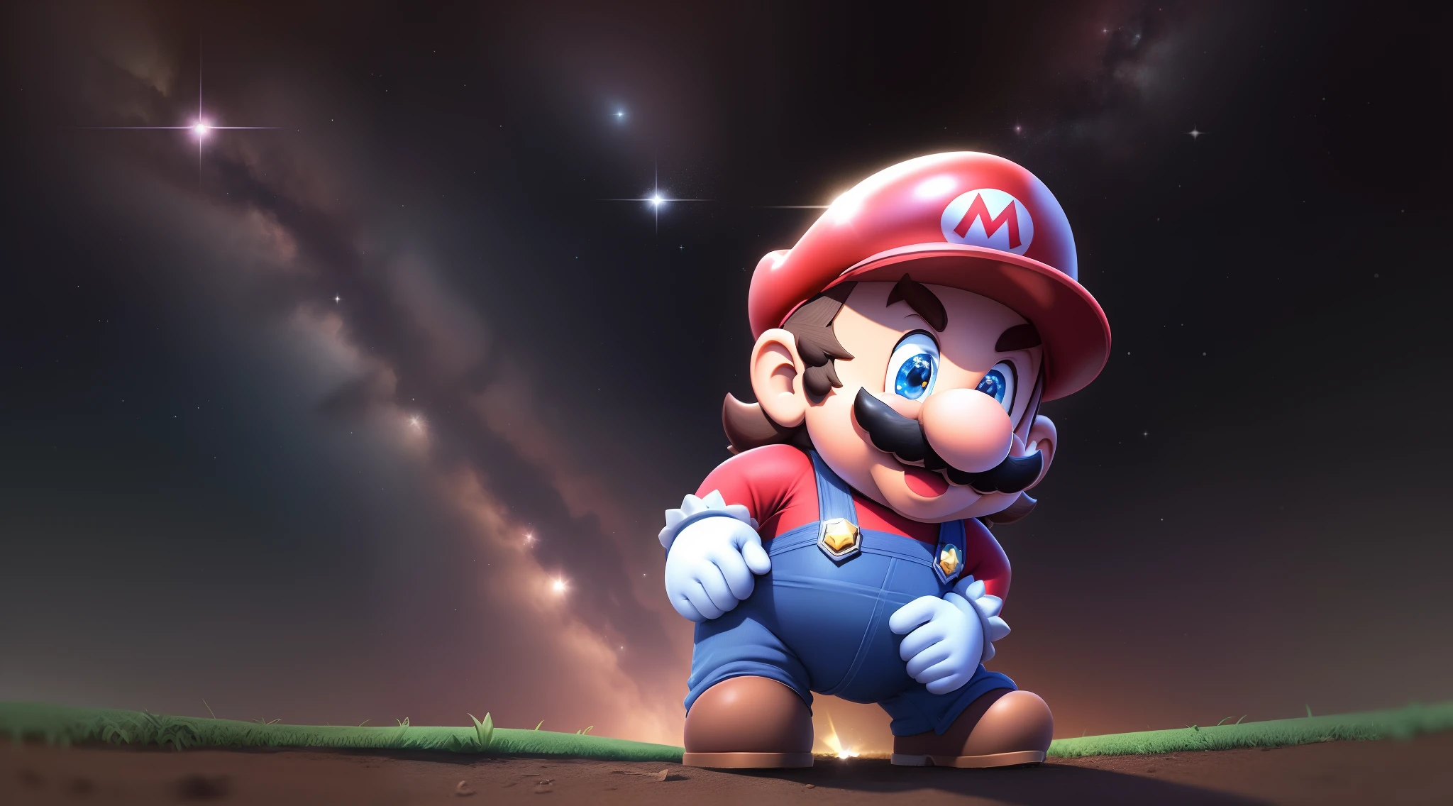 super mario da nintendo olhando para as estrelas meia noite com um lindo ceu estrelado, o ceu deve ter contrastes de roxo e preto, como se fosse ao anoitecer, o mario deve estar olhando para cima e de lado para a camera admirando a vista, a imagem deve ter um leve zoom no rosto do mario