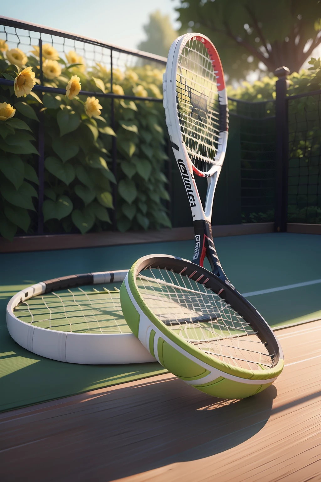 tennis racket,Tennis mesh with number 7,realistic rackets, superior detail, profile, There is a tennis racket in the bush,There are flowers on it, realistic rackets, tennis racket,Realistic drawings,Product display diagram,exquisitedetails, promotional render,High quality: Best image quality 4K realism