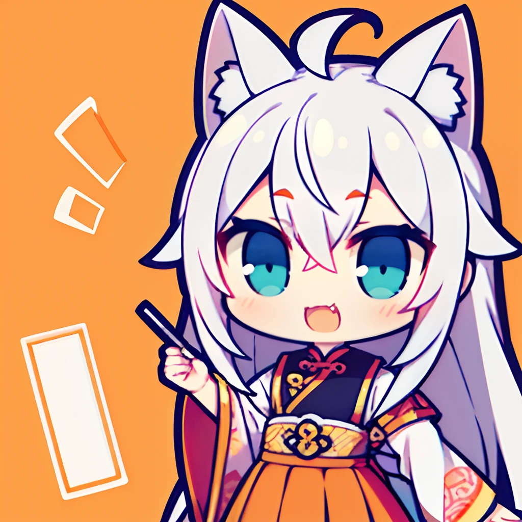 Pale color background, White shirt with orange colors accents, Chinese style design style, The clothes have Chinese style patterns, pleatedskirt, Hold the folder in your hand, Form file in hand, Light orange colors with silver-gray hair, multicolored hair, ahoge, long hair, straight hair, heart ahoge, wide-eyed, eyebrows behind hair, aqua eyes, cat ears, fang out, high detail, anime, chiaroscuro, UHD, high details, high quality, best quality, highres, 16k