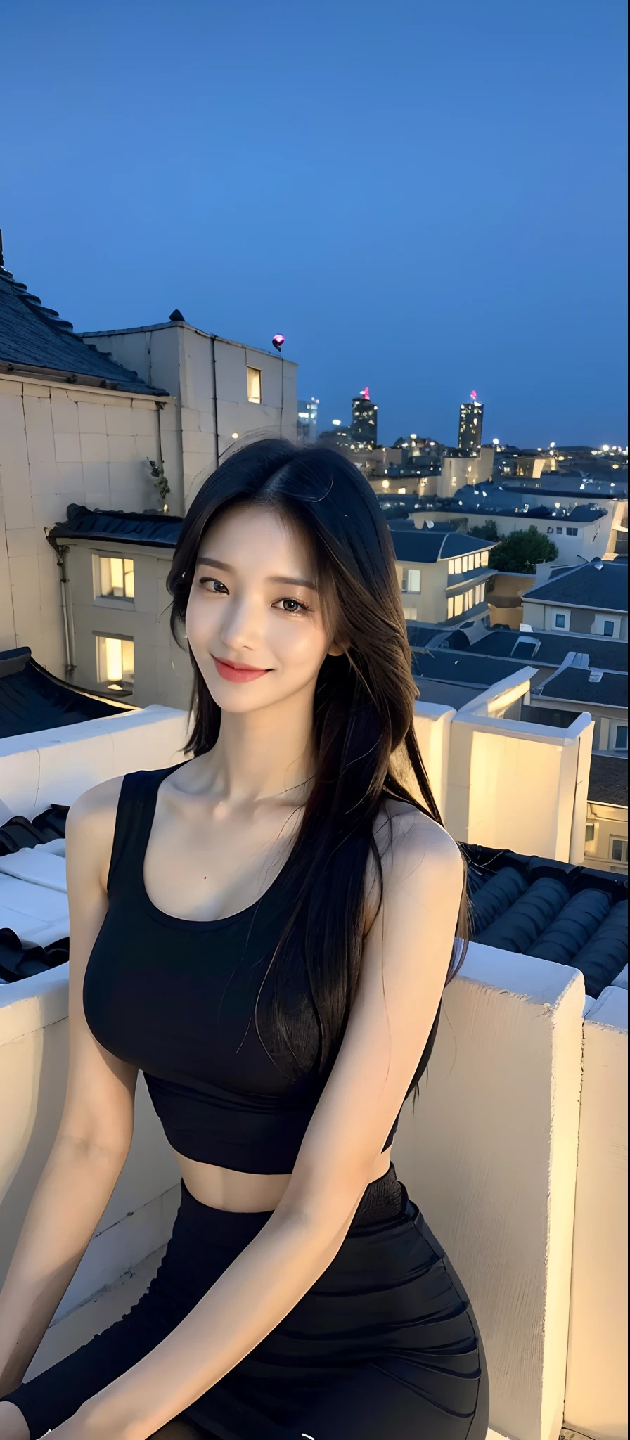((Best quality, 8k, Masterpiece :1.3)), Sharp focus, upper body:1.2, A pretty woman with perfect figure :1.4, Slender abs :1.1, ((layered hairstyles, black hair)), (tank top, jean shorts skirt, sitting), ((rooftop, midnight:1.3)), Highly detailed face and skin texture, Detailed eyes, Double eyelid, smile, armpits