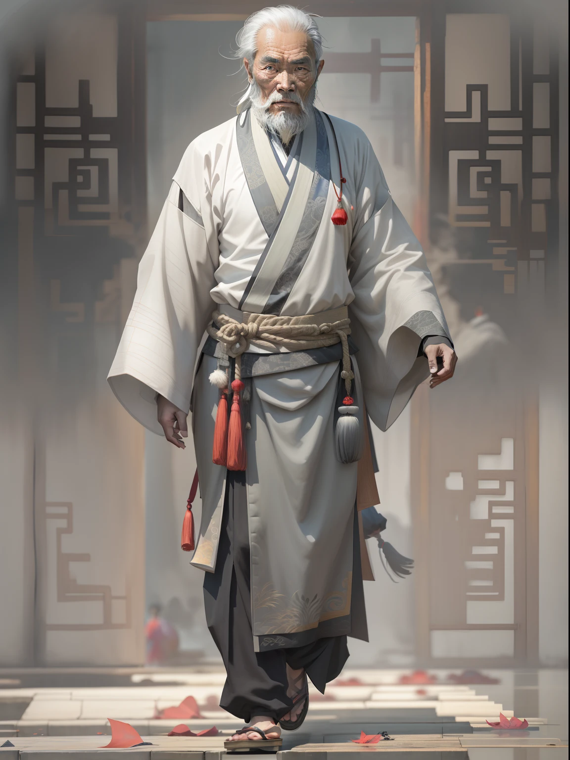 Chinese Ancient Times, An old man, Asian people,gray hair and beard, Black eyes,Thin body, Weakness of the body,standing on your feet, The background is a prison,Look at the camera with determined eyes, dressed white hanfu, There is no pattern,China-style, first person perspective, Masterpiece, ccurate, Anatomically correct, Super detail