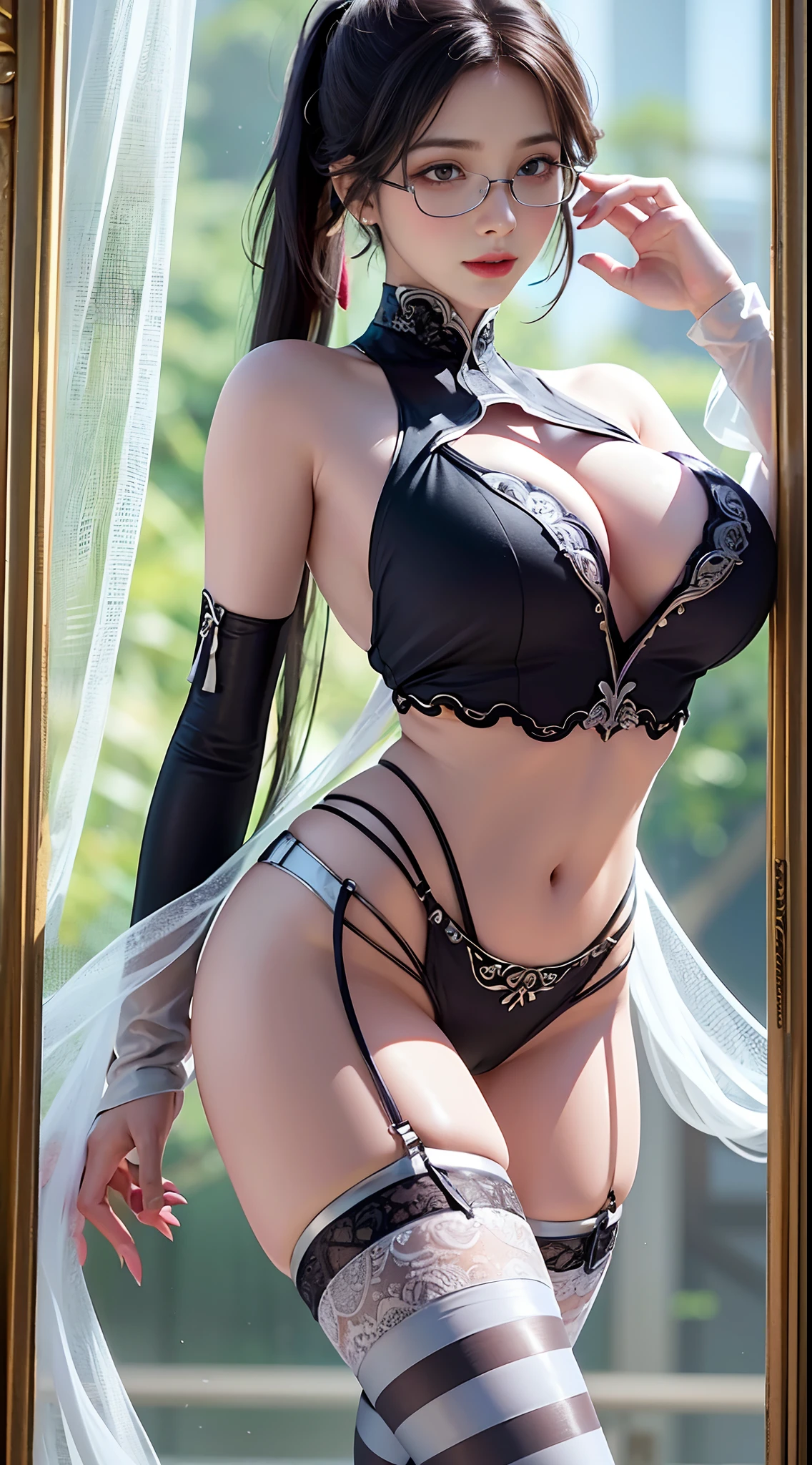 street corner,Single horsetail,side pony tail,High ponytail,Tall figure,Long legs,(Sleeveless lace shirt),(shorter pants),((Striped stockings)),((Striped stockings)),walking,ellegance,dignified,Charming,As graceful as a swan,Sweet smiling,Strong sense of detail and layering,Rich and gorgeous colors,It has a unique texture,rich colours,Color harmony,Vivid painting,The art of design,16k,ultra - detailed,{{illustration}},{Extremely refined and beautiful},{Delicate makeup},Super meticulous,Delicate glowing eyes,{{cinematric light}},Extreme light efficiency,Model: Realistic cinema, CFG scale: 12, LoRA: Bright texture(1.35),high high quality,A masterpiece,Delicate portrayal of facial features,Delicate hair portrayal,Delicate eye portrayal,tmasterpiece,HighestQuali,Ray traching,extremely detailed CG unity 8k wallpaper,masterpiece, best quality,(1个Giant Breast Girl),Perfect female body,(Breast enlargement:C cup),(((tight white t shirt))),beautidful eyes,(delicated face),with short black hair,Hair tied up,Light blue hairpin,Black silk rimmed glasses,in class room,(White skin of the),(Best lighting),(ultra intricately detailed),4K unification,(Ultra-detailed CG),Fair legs are exposed,stocklings,hot pant,shorter pants,