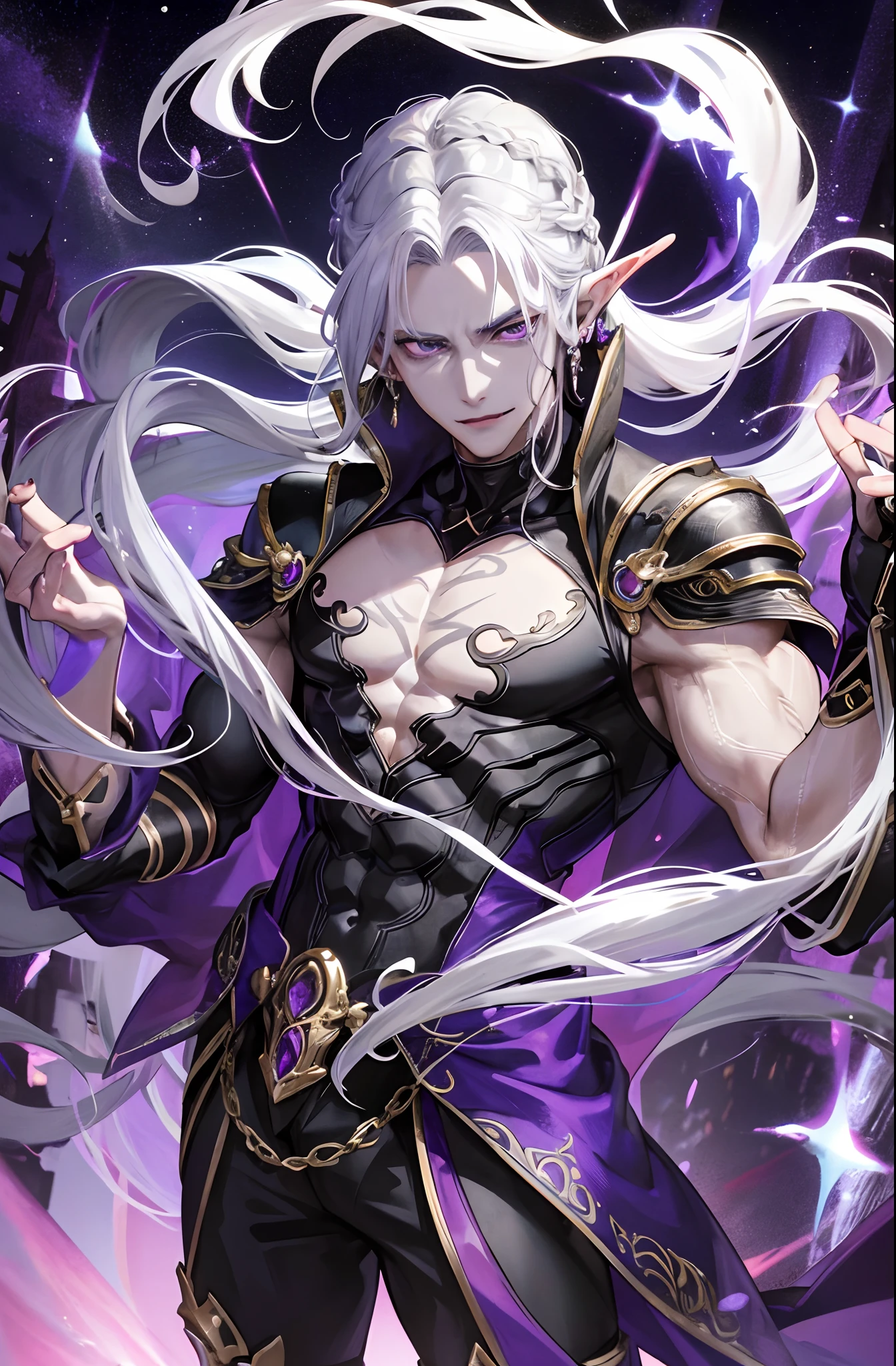 1man, masculine, masculine face, attractive, muscular, (((1man))), masterpiece, absurdres, best quality ,intricate details, ((full body)), (shiny skin, shiny body, shiny oily luster skin, shiny hair, pale skintone), Sundown, attractive, ((muscular)), adult, one, earrings, Don't look at the view , Not looking at the view, silver hair, braided hair, perfect detailed face, perfect detailed hands, purple eyes, elf ears, smirk, vampire ornaments, open chest, vampire castle, masculine features, (((night))), moonlight, darkness, dark light