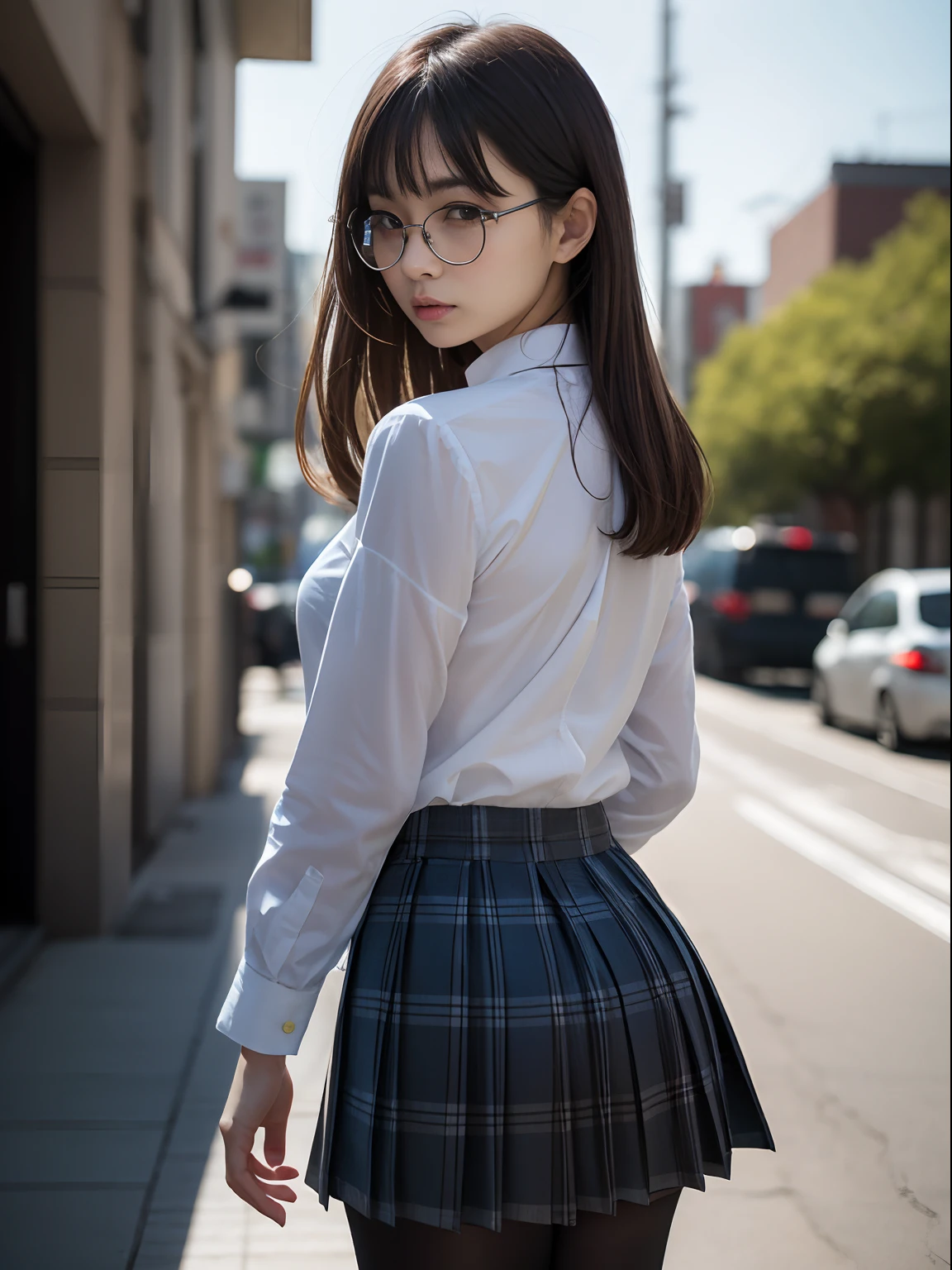 (8K、Raw photography、top-quality、masterpiece:1.2),Lori,cocky,School,watching at viewers,Looking at the front,bob cuts,Bullish,Muchimuchi,Erotic,Pupils,Light Blue Bra,de pele branca,kne,(Black pantyhose),absurderes,a small face,small tits,flat breast,Parting the bangs from the middle、Forehead visible,(a cold expression,Tight eyes,glares,Bullish,skinny,Rasping,irate)、masterpiece,top-quality、超A high resolution,Raw photo,ren,Beautiful fece,One Person, 独奏,eye glass,,Dark look,Small breasts,fullllbody,Round glasses、cute little、Back to Student,JK school uniform,hi-school girl,A Japanese Lady,is standing,(Photorealsitic:1.37)、Photon mapping,Realistic、Cute little face,Brown-eyed、Black socks、(Red bow tie)、Radio City、Physically Based Rendering、Foreground、depth of fields、Blurry background、a picture,The girls、Body,beauty legs, Long legs, Thin leg,Tie your hair into one strand on your chest,(Bangs are visible), hair, s lips, Blue_The eye, nosesoft,(Light blue shirt), (Navy and blue and white plaid pleated skirt), Knees are visible,Sheer clothing,, Thigh, Black cotton socks,Nogizaka Idol, 女優, Japanese ido