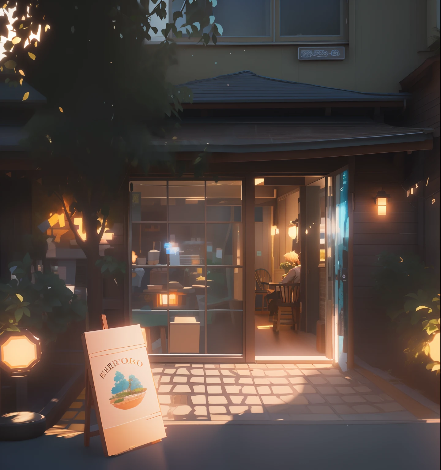 There is a painting of a porch with a table and chairs, Hasselblassel-Kwas, cafe shop, Makoto Shinkai's style, cozy cafe background, in the style of makoto shinkai, studio ghibli smooth concept art, studio glibly makoto shinkai, 3D style，C4D model，OC renderer，Arlord rendering，3Dmax，4k