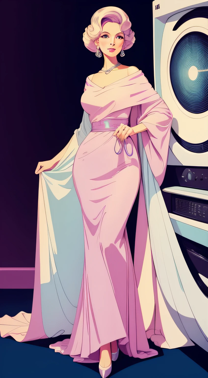 An Art Neuveux illustration with pastel color palette of a retro tv headed woman in a long flowing gown