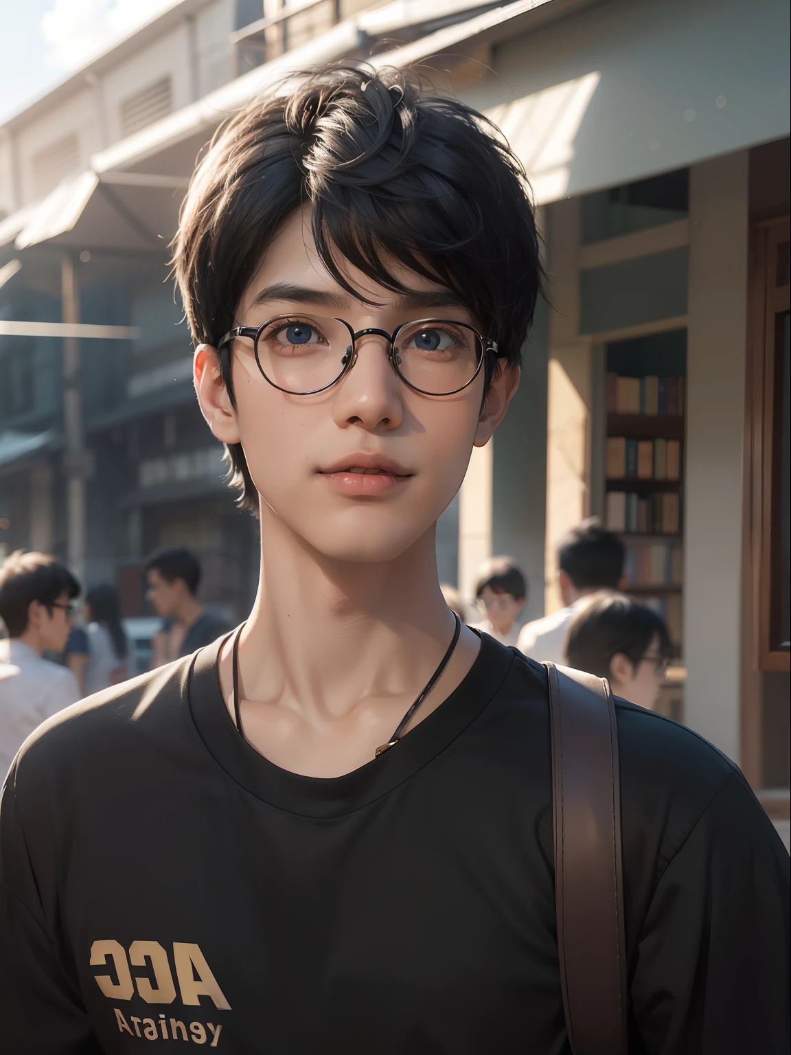 a ((22 years old)) boy with short black hair, round glasses, and a somewhat timid personality. Nobita usually wears a yellow polo shirt with a red collar, blue pants, and white socks. ((charming anime eyes)) College ground, college building, building, collage front view. (bookstore) background, realistic, full hd face, uhd 32k