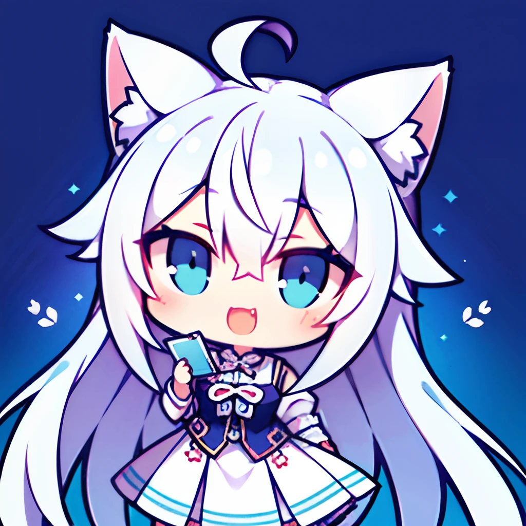 Pale color background, White shirt with blue accents, Chinese style design style, The clothes have Chinese style patterns, pleatedskirt, Hold the Ipad in your hand, Form file in hand, Light blue with silver-gray hair, multicolored hair, ahoge, long hair, straight hair, heart ahoge, wide-eyed, eyebrows behind hair, aqua eyes, cat ears, fang out, high detail, anime, chiaroscuro, UHD, high details, high quality, best quality, highres, 16k