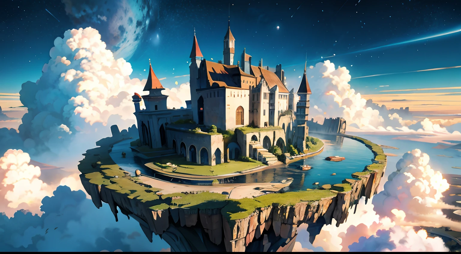 ancient magical city, floating continent, clouds, sky,space,floating landmass
