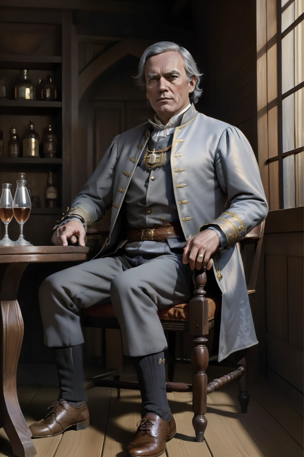 masutepiece, Highly detailed, Super realistic, 4K, 8K, Detailed background, Detailed face, Bright lighting, Daylight, Victorian style,
Art by James_Jean_Andrei_Rya Bobychev_marc_Simonetti,
(1old-man, Dukes in the Middle Ages),(Aristocratic costume in the style of the Middle Ages:1.5),
(Sit on a chair in a cottage in Savannah and drink whiskey),(Grey Hair),(brown shoes),