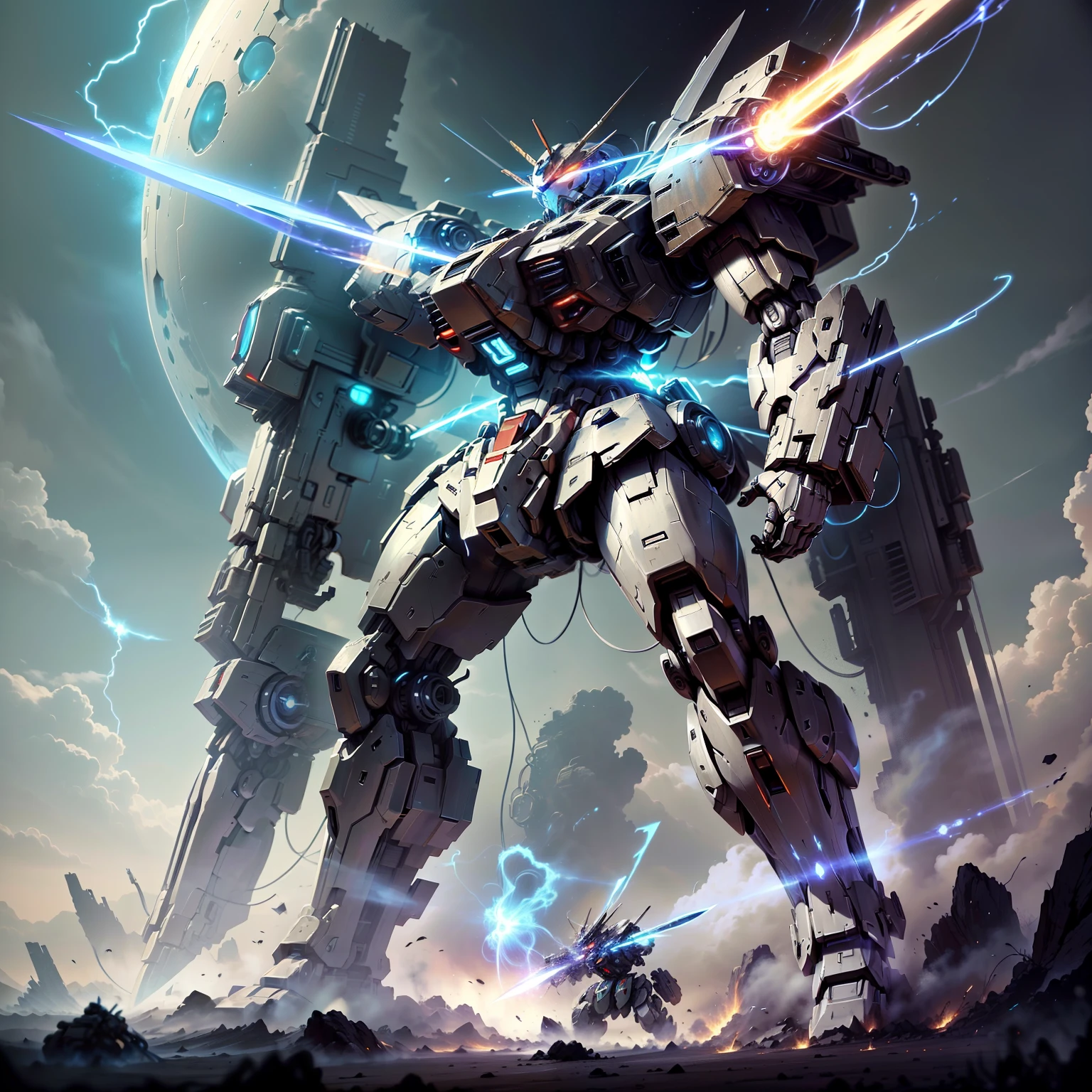 (masterpiece), Cool drawing, Full of sci-fi，(1 Genbing Gundam mech) Stand in the center，(Dynamic angle，Knife pulling gesture)，Surrounded by futuristic technology facilities and parts，Dark feeling，Deep night view，Ultraviolet tones，High-quality virtual reality。