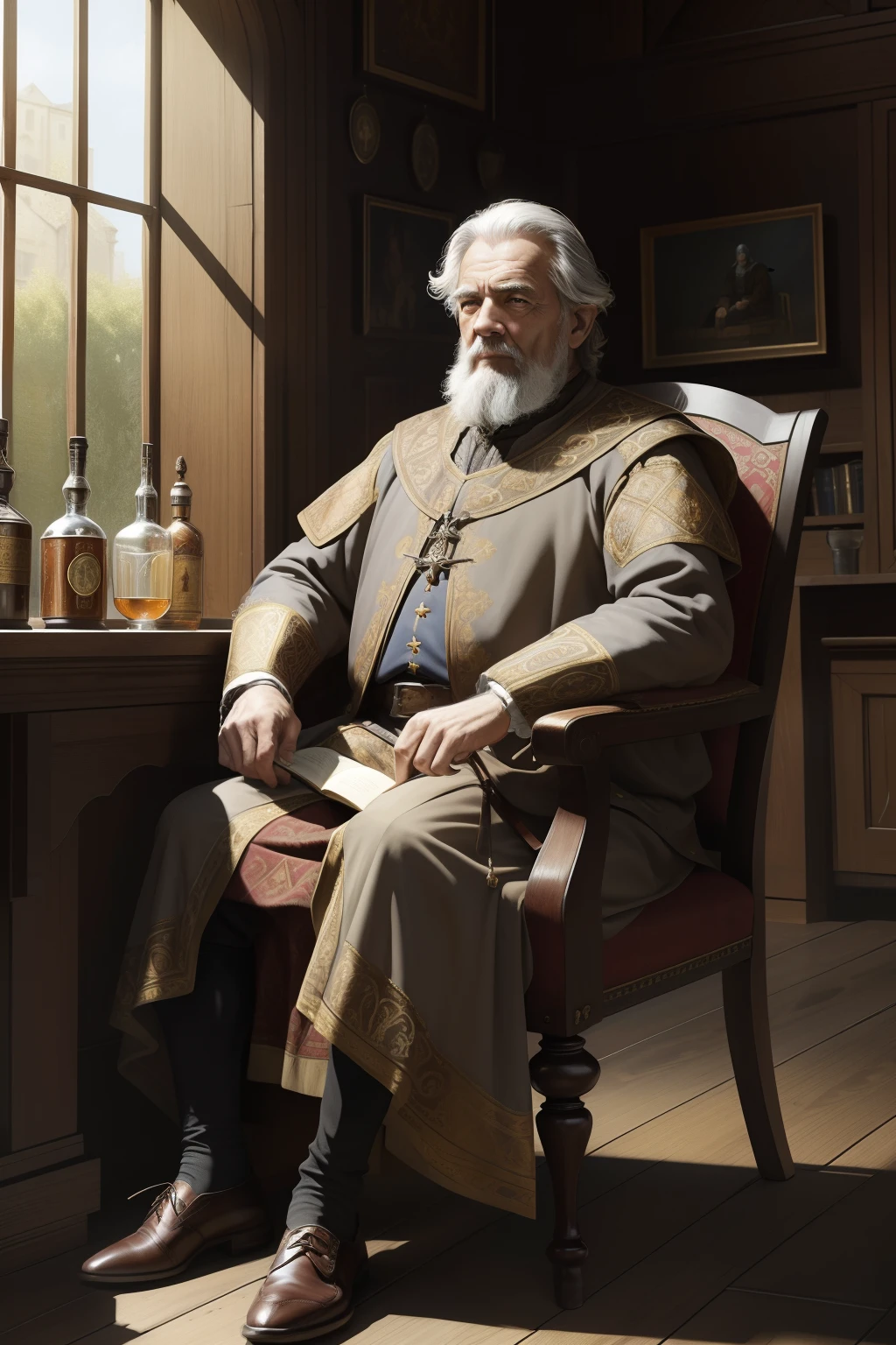 masterpiece, Highly detailed, super realistic, 4k, 8k, detailed background, detailed face, bright Lighting, Daylight, Victorian style,
art by James_Jean_Andrei_Riabovitchev_Marc_Simonetti,
(1old man, Medieval Duke),(Medieval-style aristocratic costume:1.5),
(sitting in a chair in a cottage in Savannah drinking whiskey),(grey hair),(Brown Shoes),