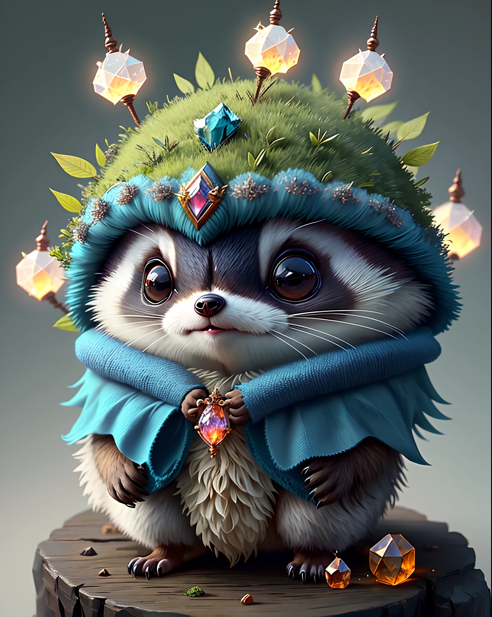 Top image quality、"Create cute creature masterpieces with inspired ultra-detailed concept art. Let your imagination come alive", (Raccoons), high detailing, in 8K、Top image quality、Dressed as a wizard、Holding a magic wand with a large gem、
