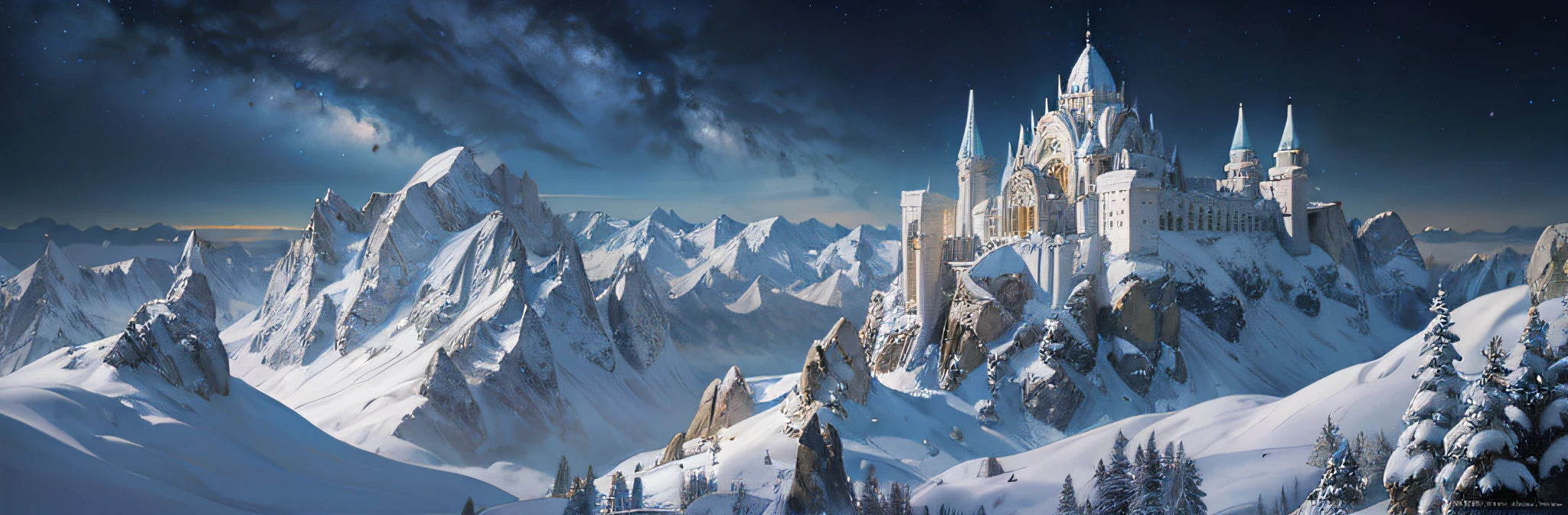 A beautiful Artgerm painting of a mighty silver ethereal palace on the top of a mountain, panoramic view, illuminated by the night sky, stands tall in the ancient snow kingdom, its intricate details and elven architecture creating a sacred and solemn atmosphere.