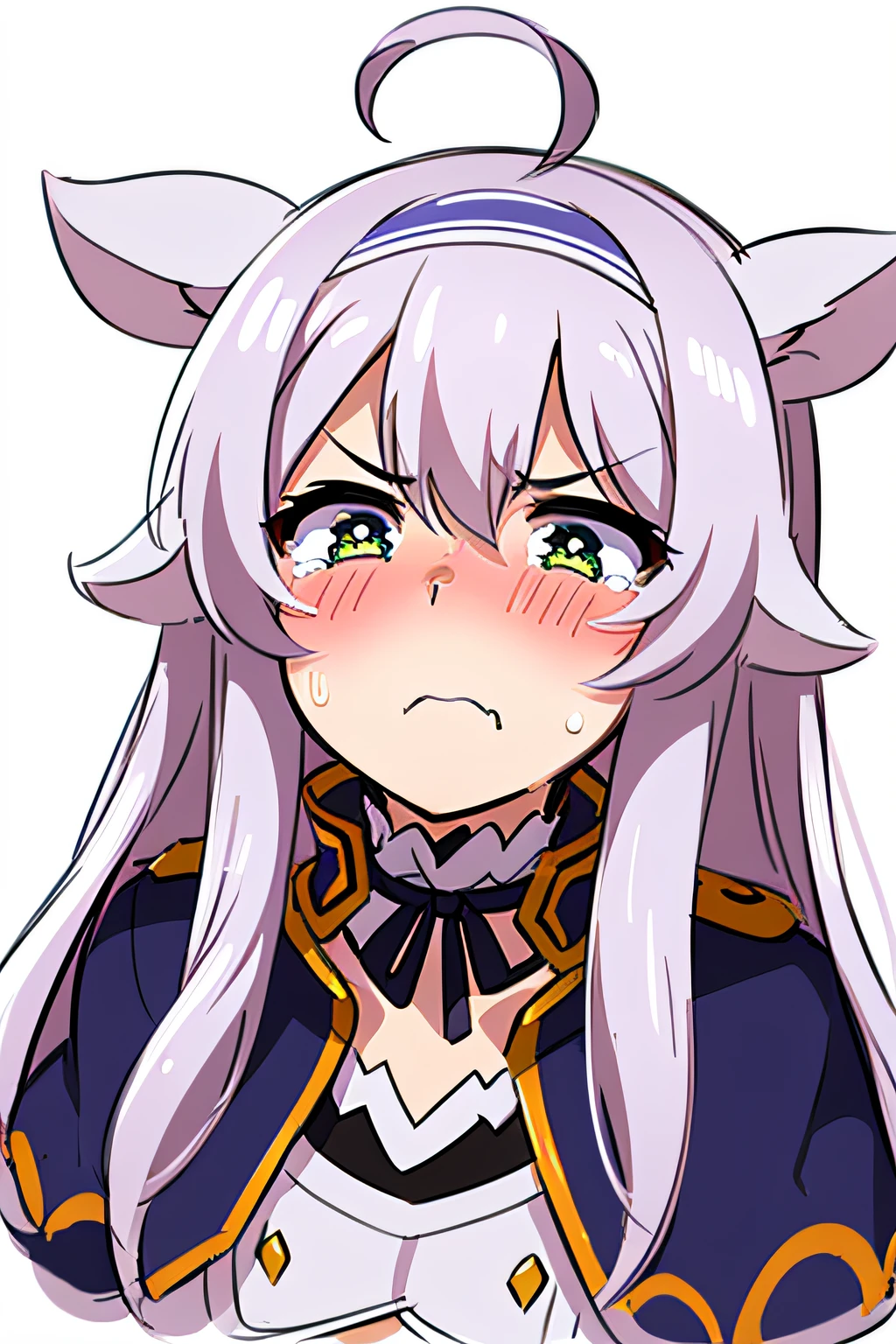 (((Best quality))), ((Ultra-detailed)), ((illustration)), ((Disheveled hair)), ((frilld)), (1 girl),(Solo),
closed_mouth,crying,looking_at_viewer,simple_background,tearing_up,tears,rating:safe,Aggrieved,grievance,