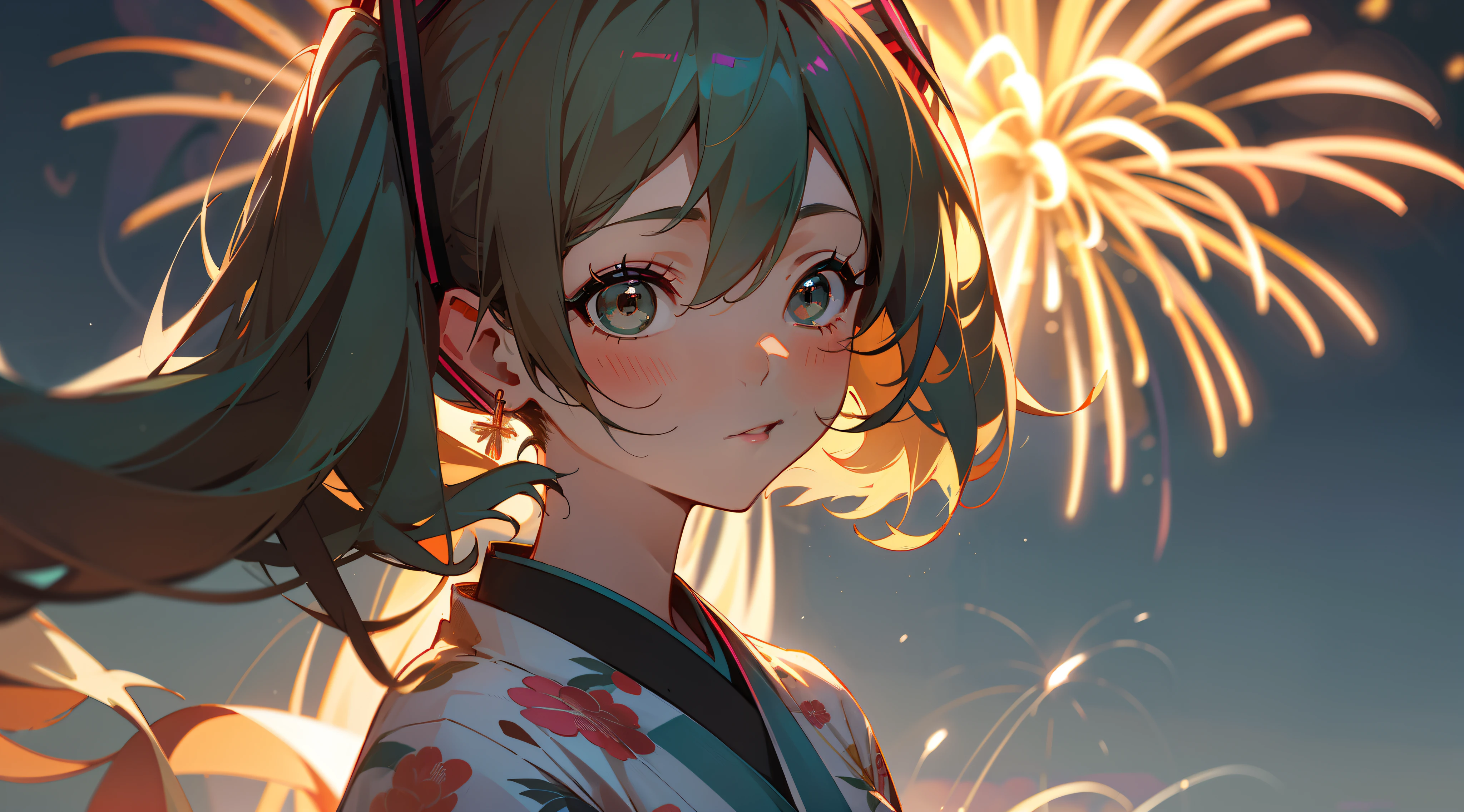 the drawing of a beautiful woman with fireworks in the background a woman in front of fireworks, 1girl, fireworks, solo, japanese clothes, jewelry, kimono, earrings, brown hair, night, short hair, aerial fireworks, floral print, upper body, (((Hatsune-Miku)))