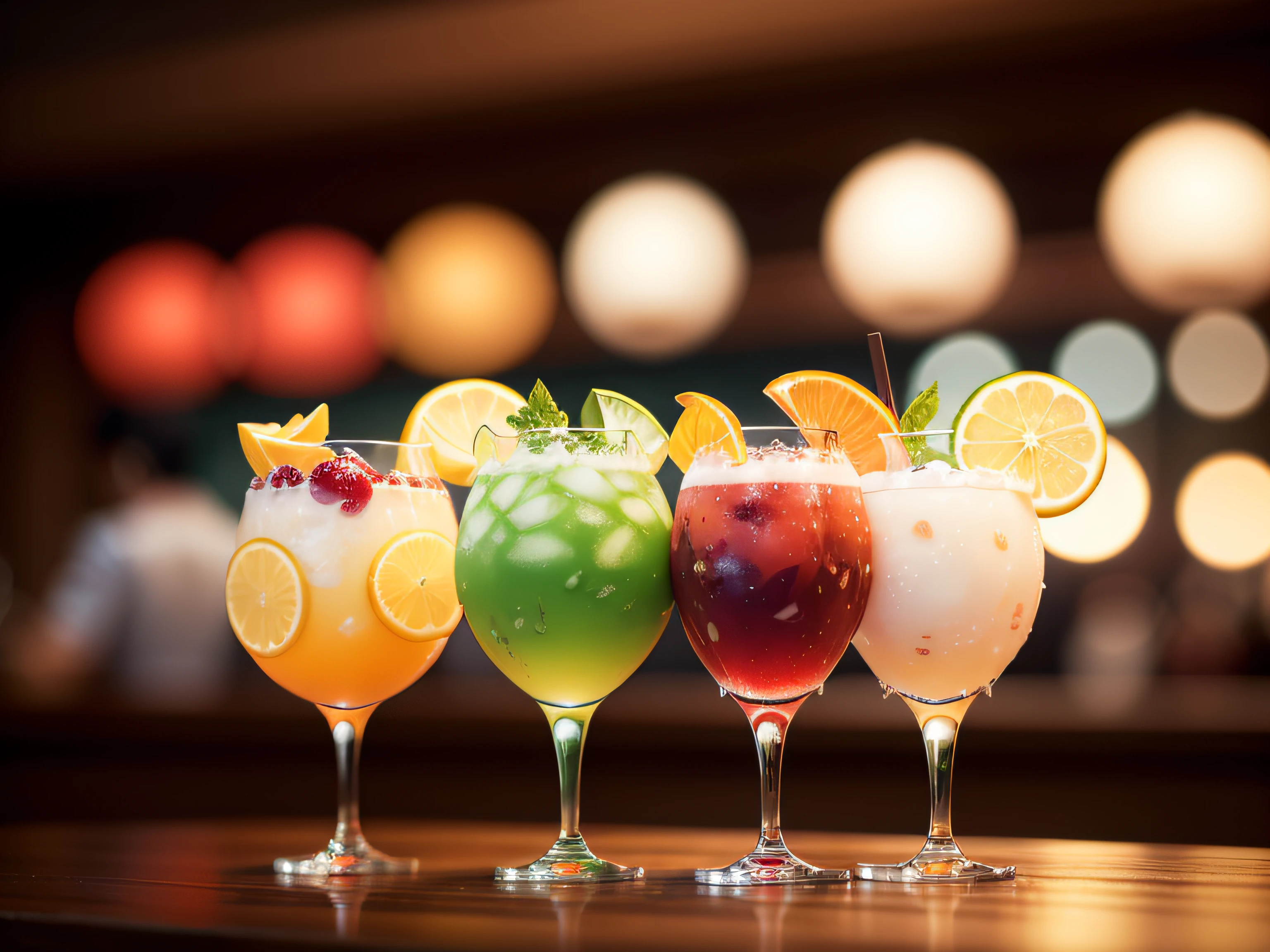 Several types of summer cocktails、No humans、kitchin、depth of fields、(blurry backround)、 masterpiece、top-quality、The ultra-detailliert