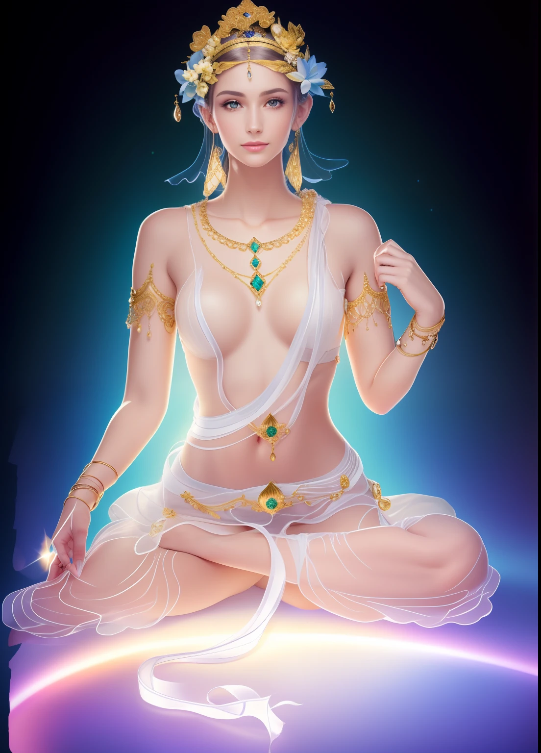 In the void, Beautiful virgins sit leisurely on lotuses,Palm facing the camera,A lotus flower squeezed in his hand,The face is slightly tilted to the right,The body is in a curved position,white streamer,Delicate and radiant skin,Barefoot,(Long curved eyebrows),Beautiful eyes sparkle,The large, Jewel-like eyes sparkle,Clear pupils have reflected light,二重まぶた,Lying silkworm,looks into camera,((Plump and rosy lips)) Clearly visible,((Flushed cheeks)),The mandible is plump,Green skin is delicate and smooth,Delicate skin translucent,A delicate and dexterous crown,inlaid gemstones,Delicate and skillfully set gemstones,(Yellow dress),Perfectly designed jewelry is exquisite,Beautiful eyes looking directly at the camera,(((nice hand))),((((Good feet))),(((good legs))),realisticlying,white skinned,((Correct body structure)),Golden costume,Blue sky,Head background with round light,Behind him is a colorful rainbow circle,Color glow is turned on,Front lighting,Positive light,No shadows on the face,There are no shadows on the body,Blue sky,Unreal space,ethereal world,dreamworld,with blue sky and white clouds,tmasterpiece,4K,ultra-definition,professional photoshooting,Perspective looks up,Standard lens shooting,