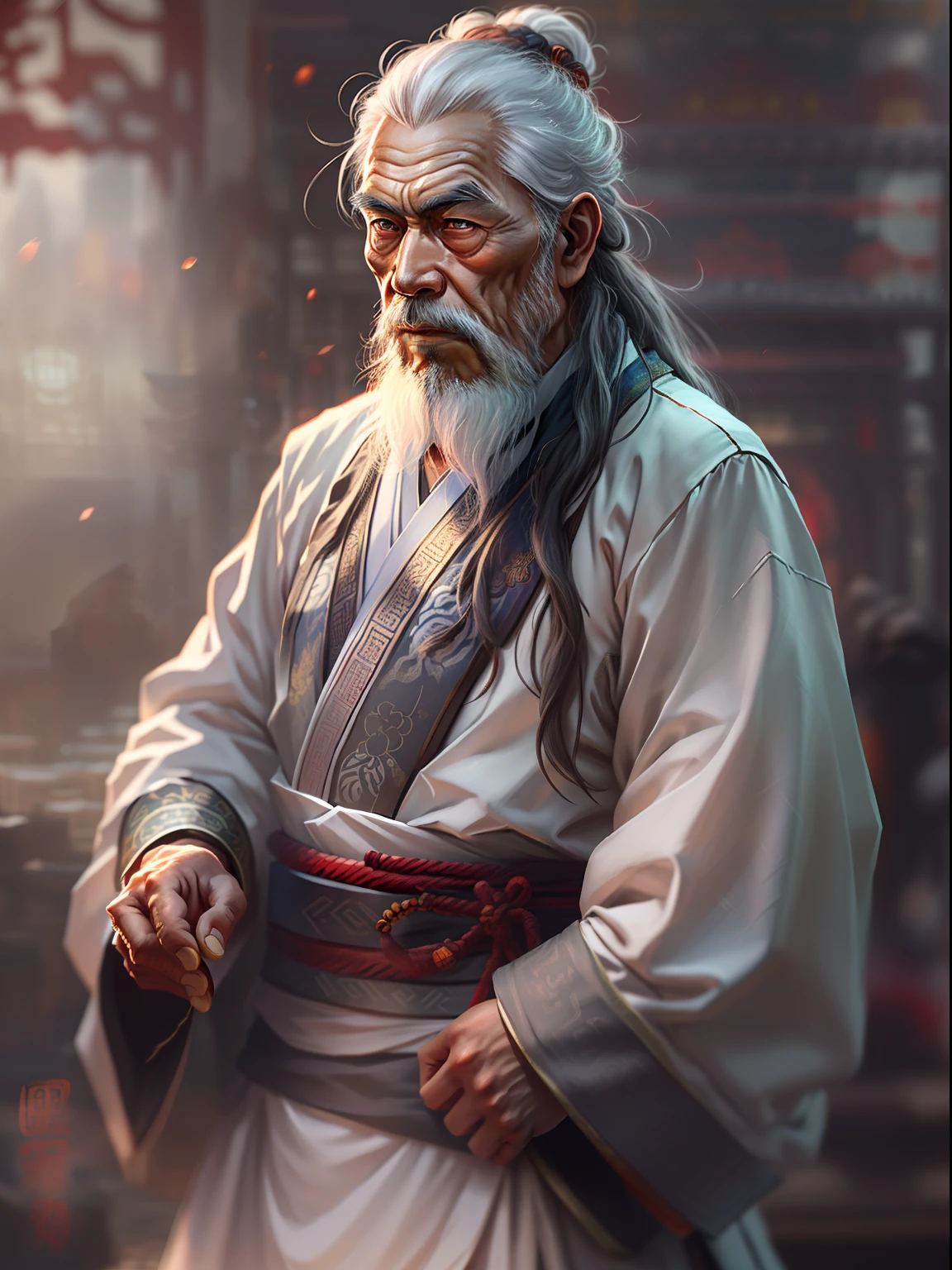 Chinese Ancient Times, An old man, Asian people,gray hair and beard, Black eyes,Thin body, Weakness of the body,standing on your feet, The background is a prison,Look at the camera with determined eyes, dressed white hanfu, There is no pattern,China-style, first person perspective, Masterpiece, ccurate, Anatomically correct, Super detail
