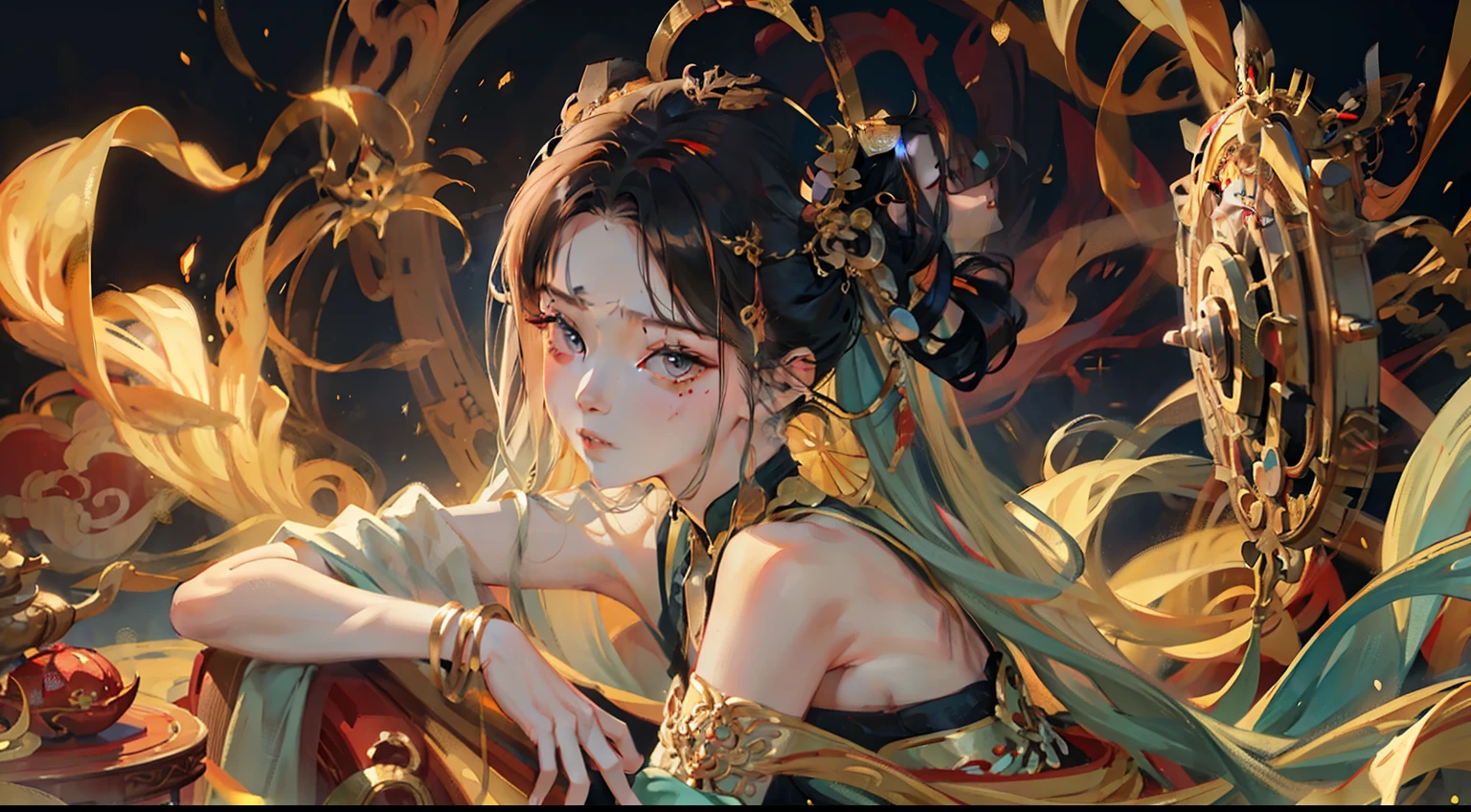 (Single focus:1.5),Hyper-detailing,(tmasterpiece:1.4),optimization,超高分辨率, 1Blittle girl((fei))in a sunbeam,((独奏)),(Chinese immortals,Dunhuang costumes,Dunhuang style 1.5), outrageously long,Black hair,(tiny mouth:1.5),(full bodyesbian:1.7),(long leges:1.4),Barefoot,The ankles are dotted with bells,There is a mole under the mouth,Moles under the eyes ((gaming console_CG))(((quality)))(((ultra - detailed)))(((tmasterpiece))), "Water" theme,Chinese theme,ink wash style,Tension lens,Background of details,Doubleexposure,BUDDHA STATUE, flawless perfection,Ren,Extremely flowing hair,masterwork,professionalartwork,Works by famous artists, Beautiful lighting,Cinematic lighting,Ray traching,3D,3Drenderingof,High-precision shadows,closeup cleavage,(Macro lens,Macro lens:1.25),(Detailed depiction of the face),(Detailed description of the eyes),(The face is delicate),(Delicate depiction of the face),Realistic skin,The light and shadows are realistic