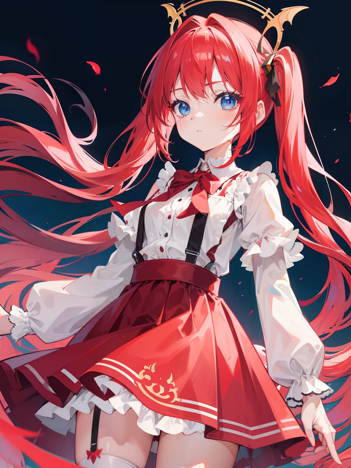 {{best quality}}, {{masterpiece}}, {{ultra-detailed}}, {illustration}, {detailed light}, red hair,blue eyes,twintails,lolita,Suspenders skirt,Fantastic,loli,solo,Dragon horns, girl,long hair