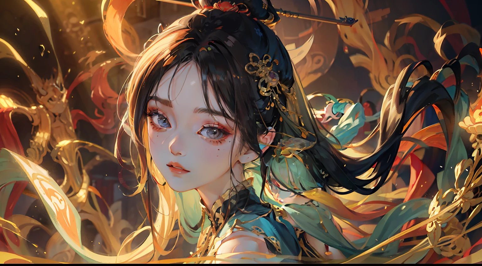 (Single focus:1.5),Hyper-detailing,(tmasterpiece:1.4),optimization,超高分辨率, 1Blittle girl((fei))in a sunbeam,((独奏)),(Chinese immortals,Dunhuang costumes,Dunhuang style 1.5), outrageously long,Black hair,(tiny mouth:1.5),(full bodyesbian:1.7),(long leges:1.4),Barefoot,The ankles are dotted with bells,There is a mole under the mouth,Moles under the eyes ((gaming console_CG))(((quality)))(((ultra - detailed)))(((tmasterpiece))), "Water" theme,Chinese theme,ink wash style,Tension lens,Background of details,Doubleexposure,BUDDHA STATUE, flawless perfection,Ren,Extremely flowing hair,masterwork,professionalartwork,Works by famous artists, Beautiful lighting,Cinematic lighting,Ray traching,3D,3Drenderingof,High-precision shadows,closeup cleavage,(Macro lens,Macro lens:1.25),(Detailed depiction of the face),(Detailed description of the eyes),(The face is delicate),(Delicate depiction of the face),Realistic skin,The light and shadows are realistic