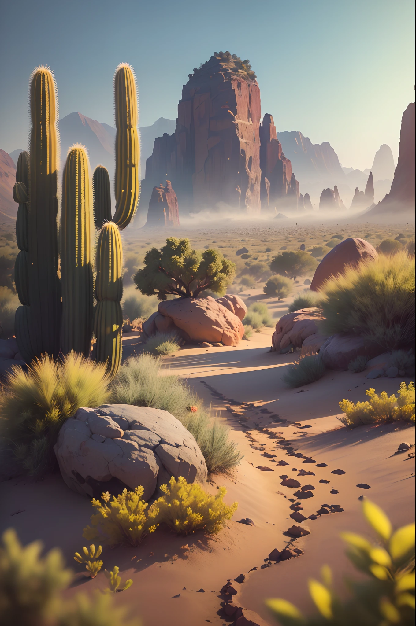 Fantasy Desert, Desert Mountain, (Masterpiece, Best Quality, High Quality, Highres:1.4), Detailed, Extremely Detailed, Ambient Soft Lighting, 4K,Blurry, Blurry Background, Depth of Field, Bokeh, DOF, Fog, Bloom Outdoors, (Nature, fantasy Desert:1.2), (Rocks:1.2),