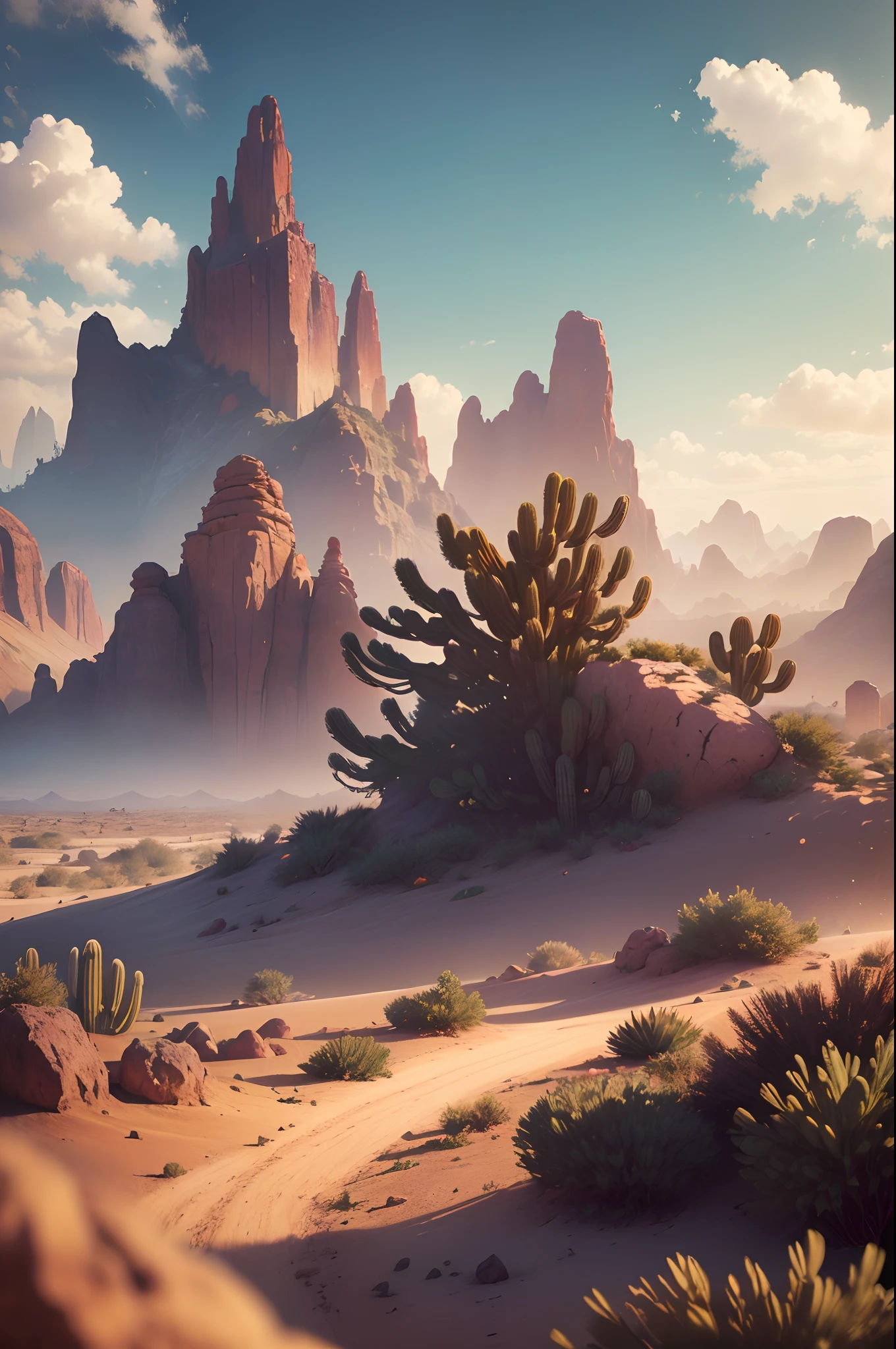 Fantasy Desert, Desert Mountain, (Masterpiece, Best Quality, High Quality, Highres:1.4), Detailed, Extremely Detailed, Ambient Soft Lighting, 4K,Blurry, Blurry Background, Depth of Field, Bokeh, DOF, Fog, Bloom Outdoors, (Nature, fantasy Desert:1.2), (Rocks:1.2),