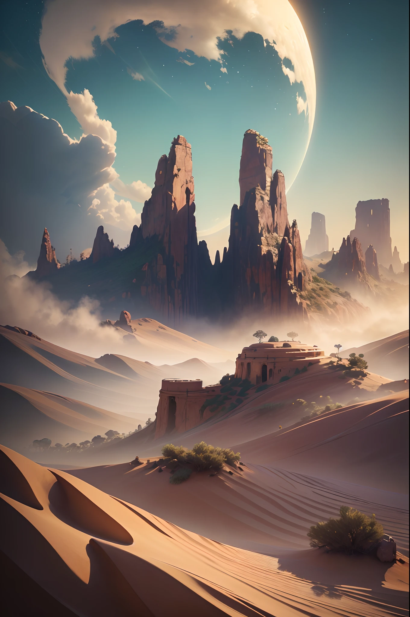 Fantasy Desert, Desert Mountain, Halo ring (Masterpiece, Best Quality, High Quality, Highres:1.4), Detailed, Extremely Detailed, Ambient Soft Lighting, 4K,Blurry, Blurry Background, Depth of Field, Bokeh, DOF, Fog, Bloom Outdoors, (Nature, fantasy Desert:1.2), (Rocks:1.2),