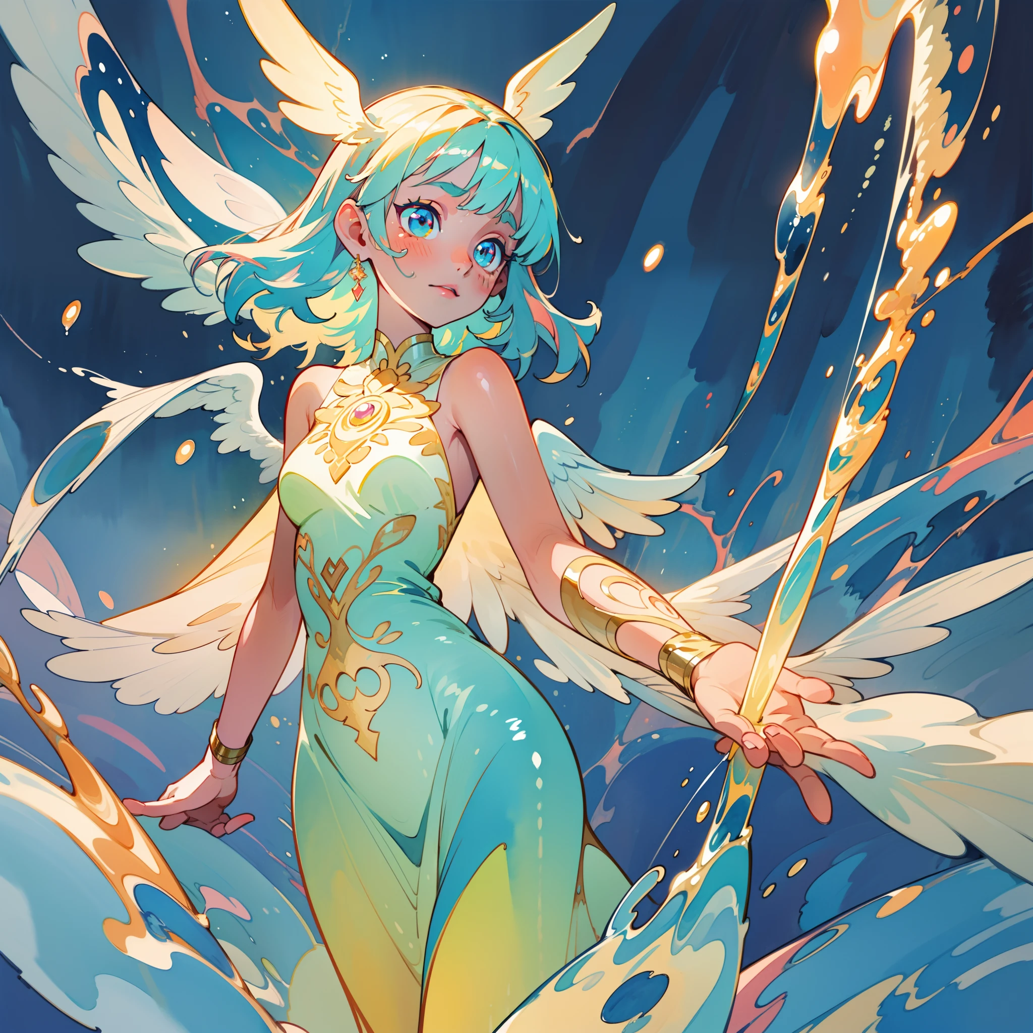 masterpiece, best quality, sharp focus, 8k, intricately detailed environment, anime, watercolor illustration, colorful, bright colors, whimsical, glowing lights, liquid otherworldly, fairy lights, beautiful girl in flowing liquid glowing dress, perfect face, golden ratio, sparkling eyes, watercolor, liquid light, angel wings