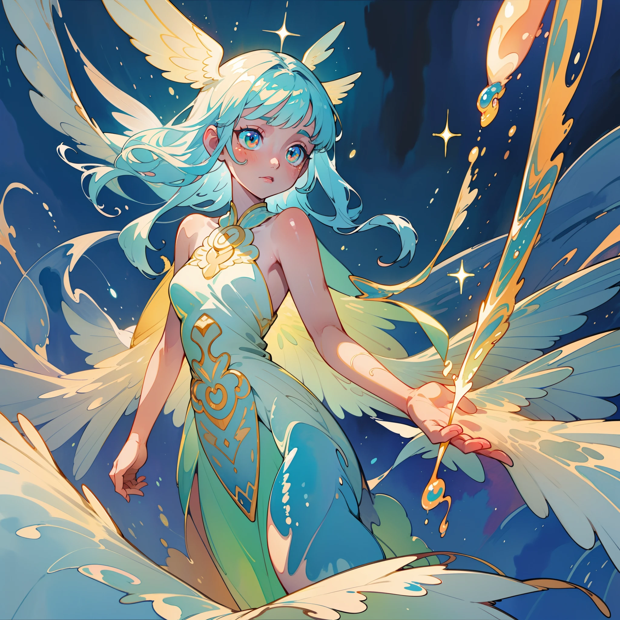 masterpiece, best quality, sharp focus, 8k, intricately detailed environment, anime, watercolor illustration, colorful, bright colors, whimsical, glowing lights, liquid otherworldly, fairy lights, beautiful girl in flowing liquid glowing dress, perfect face, golden ratio, sparkling eyes, watercolor, liquid light, angel wings