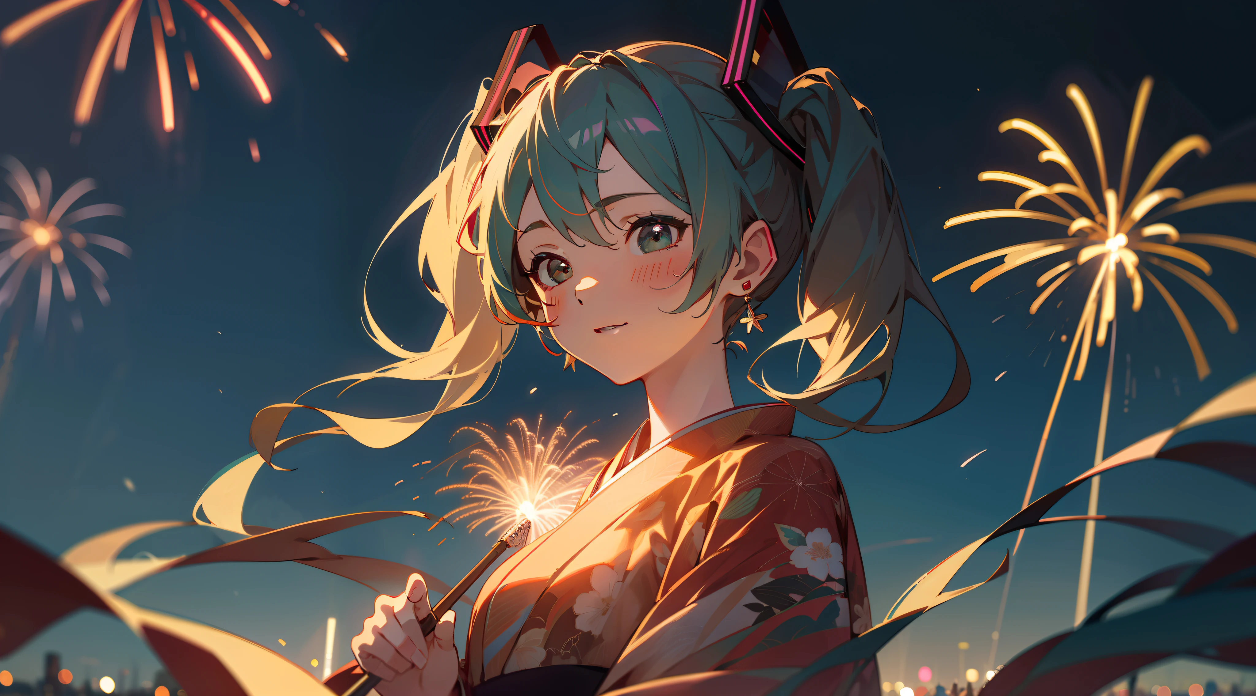 the drawing of a beautiful woman with fireworks in the background a woman in front of fireworks, 1girl, fireworks, solo, japanese clothes, jewelry, kimono, earrings, brown hair, night, short hair, aerial fireworks, floral print, upper body, (((Hatsune-Miku)))