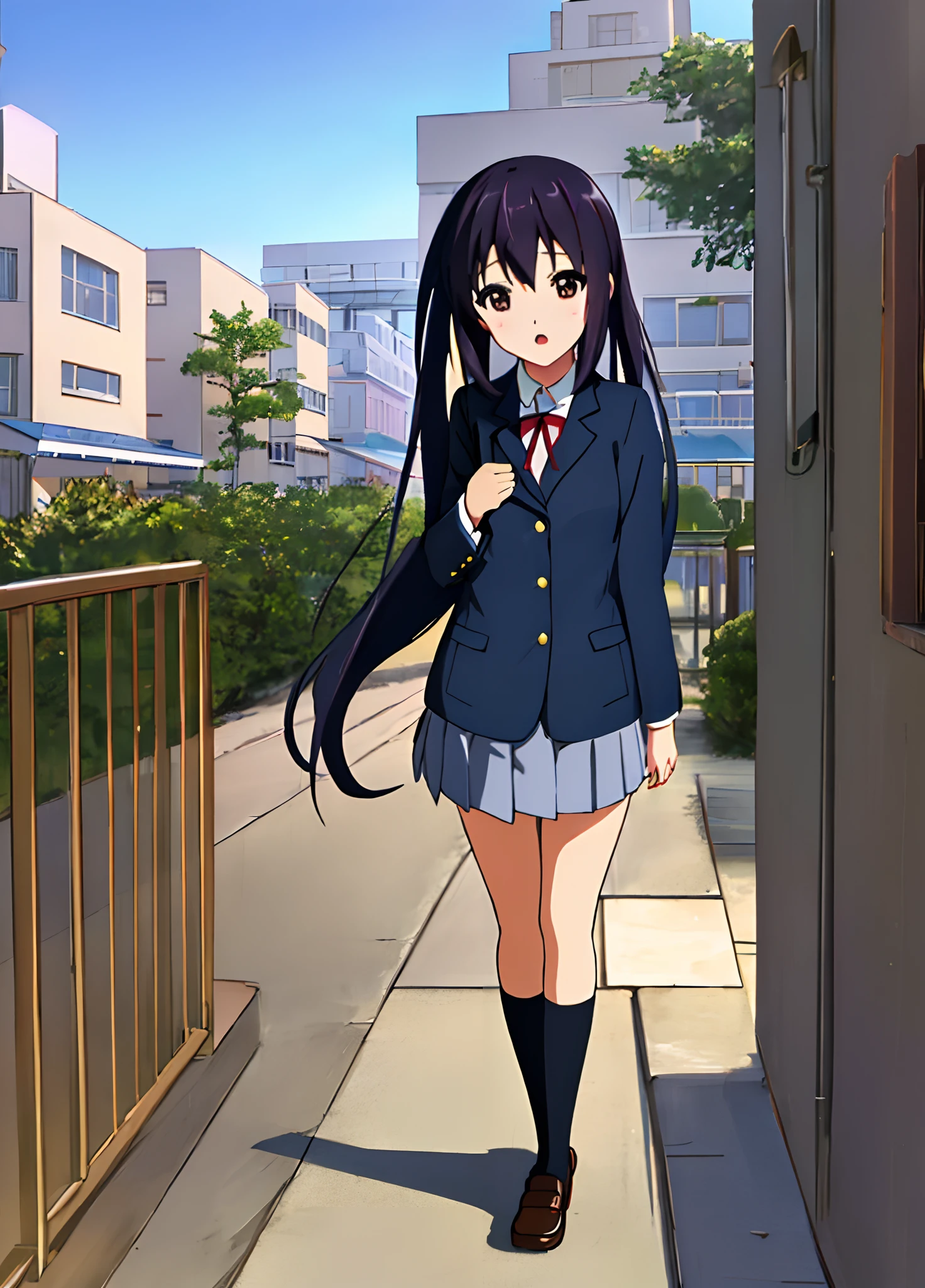1girl, (((masterpiece))), top-quality, top-quality, High Details, nakano azusa, 1girl, Sakuragaoka High School Uniform, student clothes, Twin-tailed, length hair, A dark-haired, brown-eyed, 独奏, reddish, Dark blue blazer with thin red ribbon, Solid white buttoned shirt under blazer, illustratio, comic strip, soothing tones, Subdued Color, Soft cinematic light, adobe lightroom, photolab, HDR, intricately and hyper-detailed、(((depth of fields))))。(((masterpiece)))。(((top-quality))).)((ultra-detailliert)))。(((illustratio)))。(((takeout))).dynamic focus.big breasts.(((Skyscrapers))).(((A city scape))).(((Face of sadness))). open mouth.(((put hands on the hip))).(((up chest))).((evening glow)).((the setting sun)).
