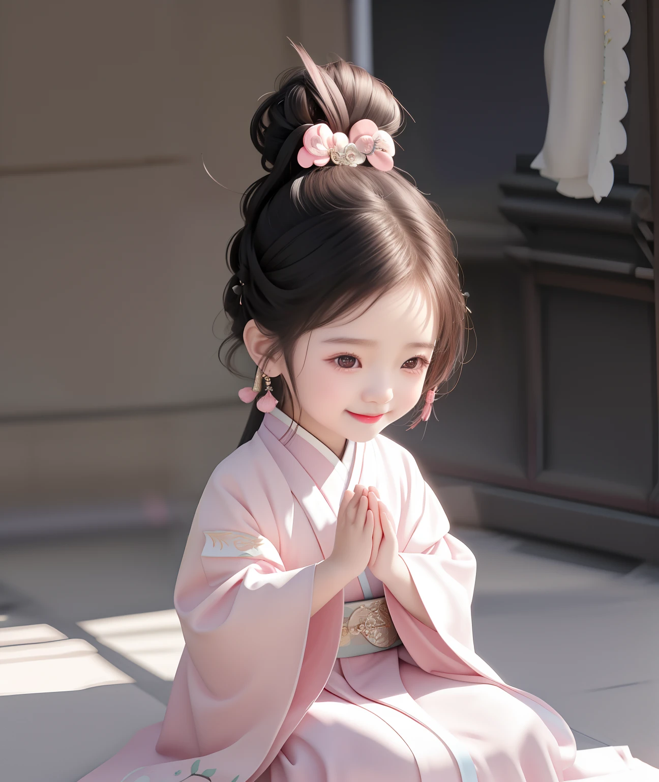 Alafeld Asian girl in pink dress standing on the ground with her hands folded, Palace ， A girl in Hanfu, Guviz, Chinese girl, Very cute and childlike, cute cute, Cute Pocelain doll, Guviz-style artwork, lovely digital painting, Cute and lovely, Hanfu, beautiful pink little girl，Pure eyes，With a smile