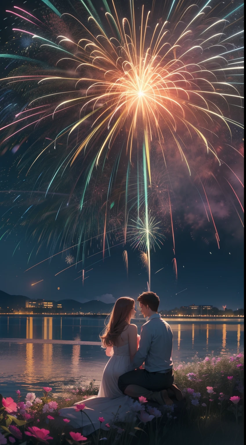 A young couple sits hand in hand under the dazzling fireworks blooming in the night sky. Their faces, illuminated by the colors of the fireworks, are etched with deep love and gratitude. As the last firework blooms in the sky and its light slowly fades, the husband's breath silently stops. The woman holds his hand and smiles despite her tears. This scene is part of a beautiful ending that evokes deep nostalgia.