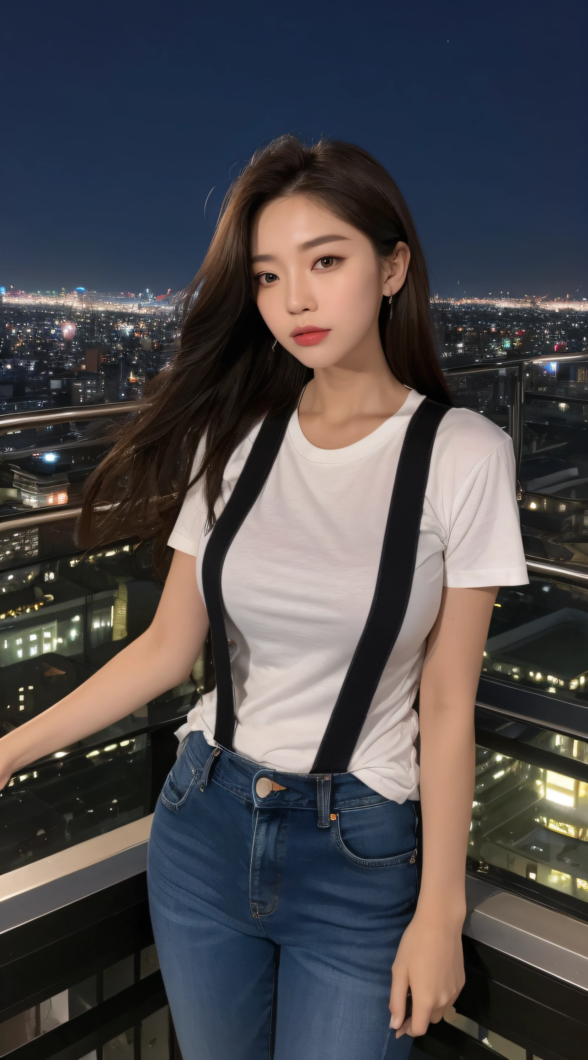 ((Midnight, Best quality, 8k, Masterpiece :1.3)), Whole body, Long legs, Sharp focus :1.2, A pretty woman with perfect figure :1.4, Slender abs :1.1, ((Dark brown hair, Big breasts :1.2)), (White tight tshirt, Jean bib, Standing:1.2), ((Night city view, Rooftop:1.3)), Highly detailed face and skin texture, Detailed eyes, Double eyelid