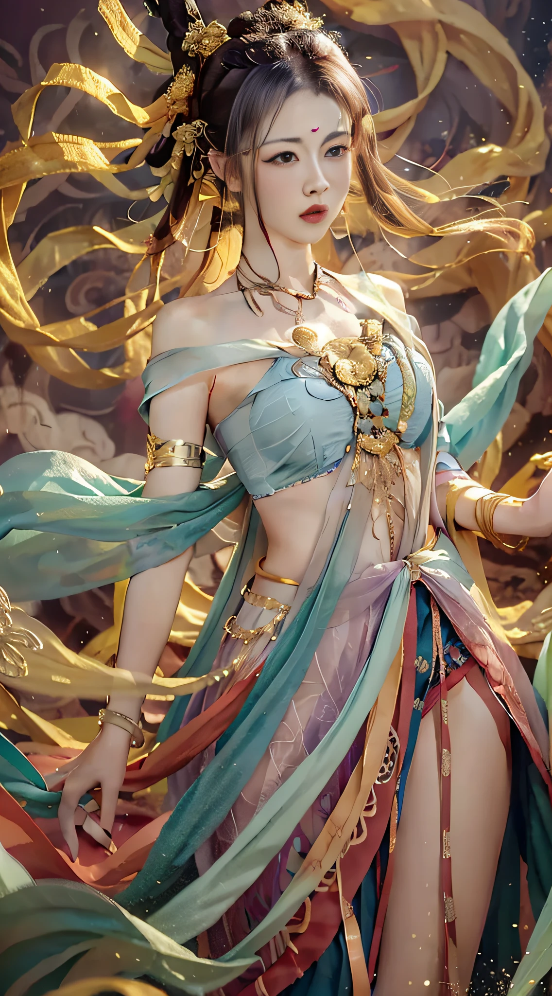 Dunhuang art，Flight chart，1girll，Girl with a smooth and dynamic posture，Wear a loose and flowing dress，The expression is mysterious，frizzy hair，fly in sky。Colored clouds，intricately details，tmasterpiece，best qualtiy，wide wide shot，