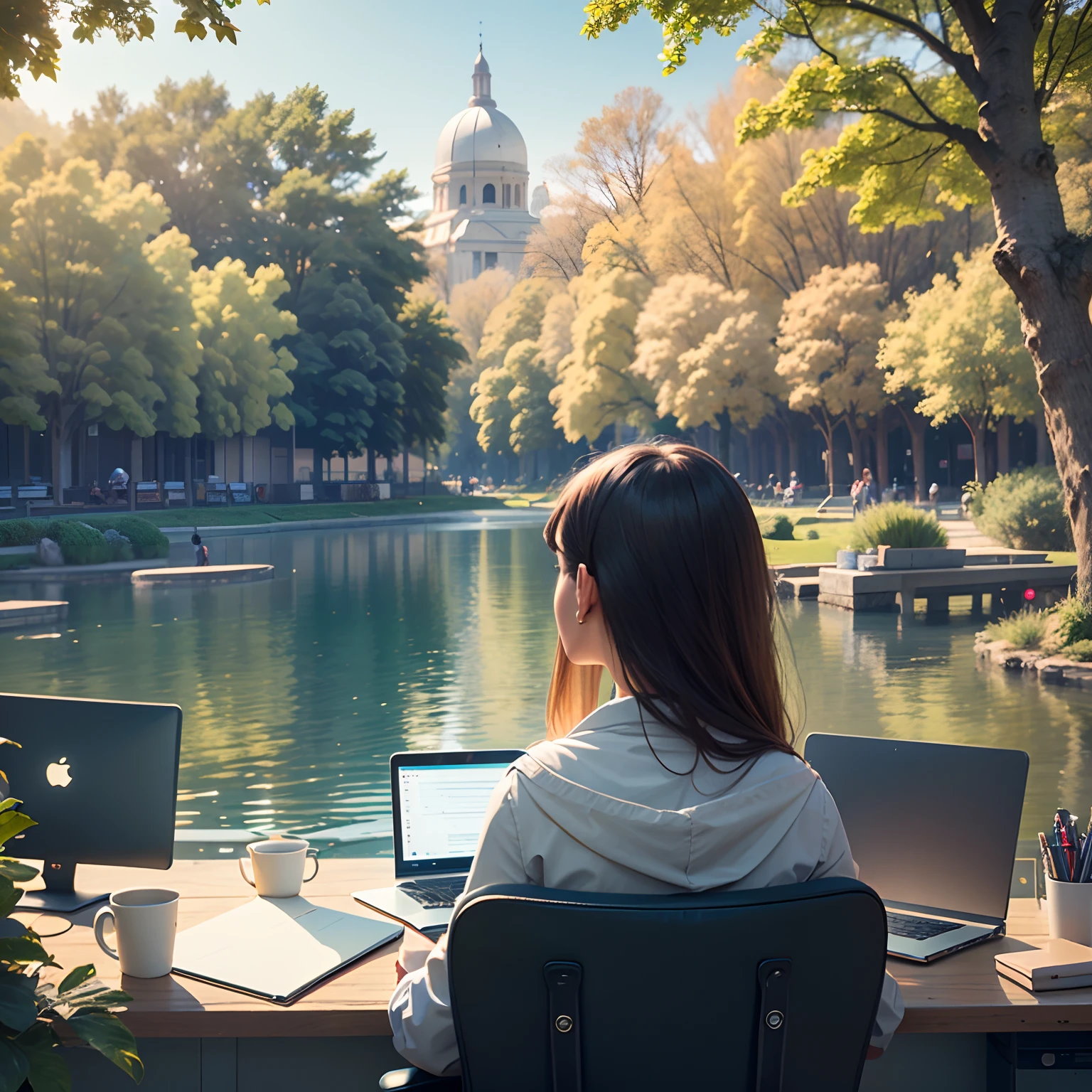 Woman sitting in office with laptop open with text, In the background screen with park, arvores, lago, childrens