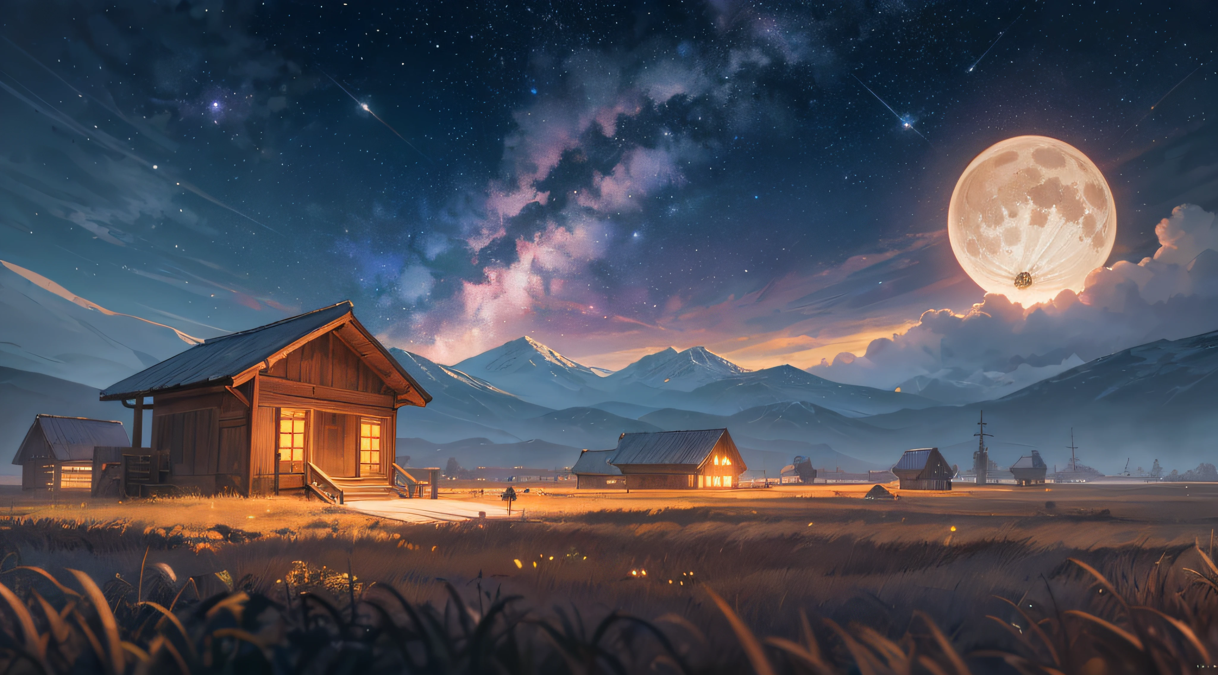 Expansive landscape photograph,(moon full:1.2),(meteors:0.9),(Starcloud:1.3),(Warm light source:1.2),(glowworm:1.2),lamp lights,Lots of purple and orange,Complicated details,Volumetriclighting,Realism BREAK(tmasterpiece:1.2),(best qualtiy),8K,Ultra-detailed,(dynamic compositions:1.4),The is very detailed,Colorful details,(Irridescent color:1.2),(luminouslighting,Atmospheric lighting),dream magical,magical,(独奏:1.2),((best qualtiy)), ((tmasterpiece)), (the detail:1.4),depth of fields,maximum definition and sharpness,perfectly proportions,Fluttering clouds,Wallpapers