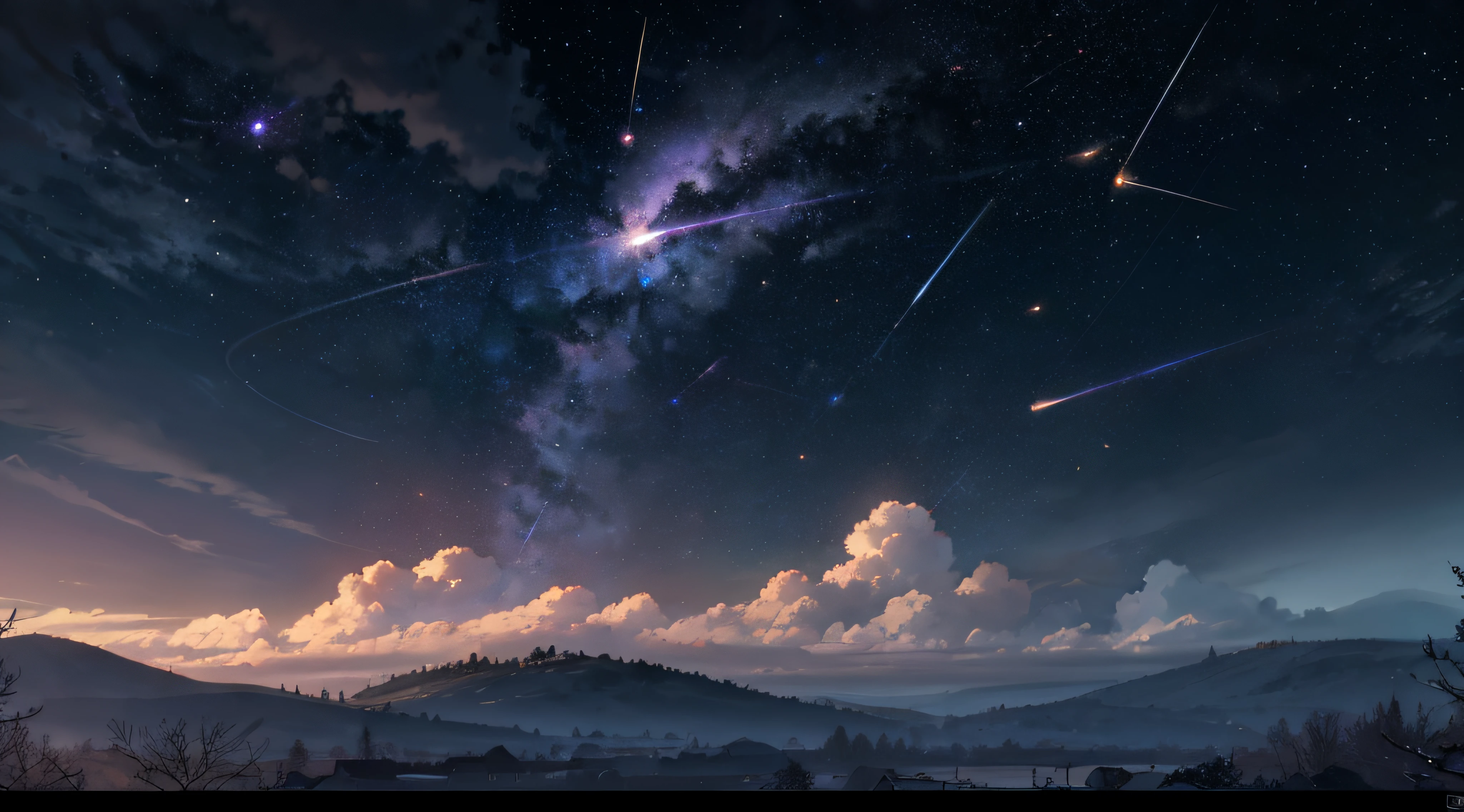 Expansive landscape photograph,(moon full:1.2),(meteors:0.9),(Starcloud:1.3),(Warm light source:1.2),(glowworm:1.2),lamp lights,Lots of purple and orange,Complicated details,Volumetriclighting,Realism BREAK(tmasterpiece:1.2),(best qualtiy),8K,Ultra-detailed,(dynamic compositions:1.4),The is very detailed,Colorful details,(Irridescent color:1.2),(luminouslighting,Atmospheric lighting),dream magical,magical,(独奏:1.2),((best qualtiy)), ((tmasterpiece)), (the detail:1.4),depth of fields,maximum definition and sharpness,perfectly proportions,Fluttering clouds,Wallpapers