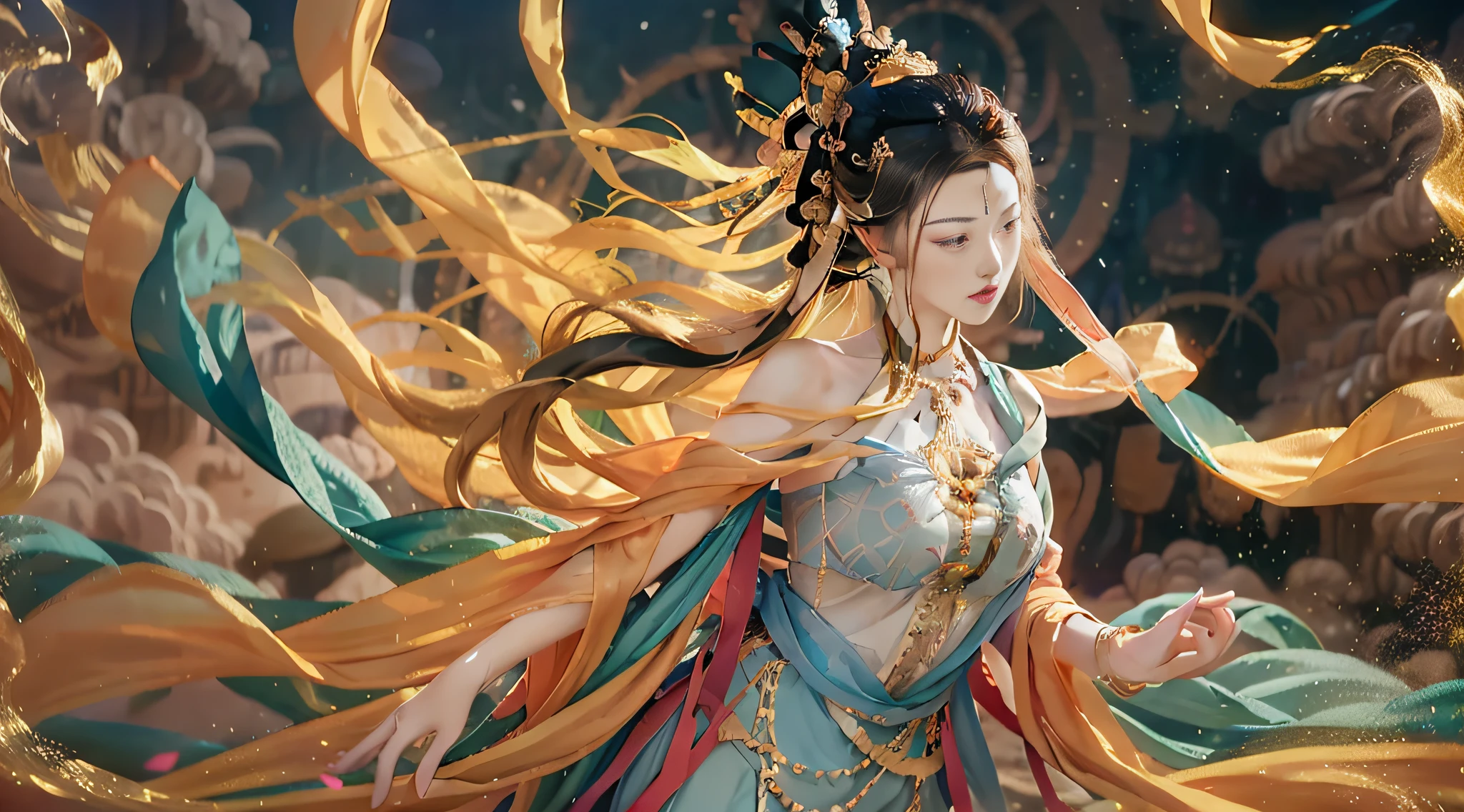 Dunhuang art，Flight chart，1girll，Girl with a smooth and dynamic posture，Wear a loose and flowing dress，The expression is mysterious，frizzy hair，fly in sky。Colored clouds，intricately details，tmasterpiece，best qualtiy，wide wide shot，