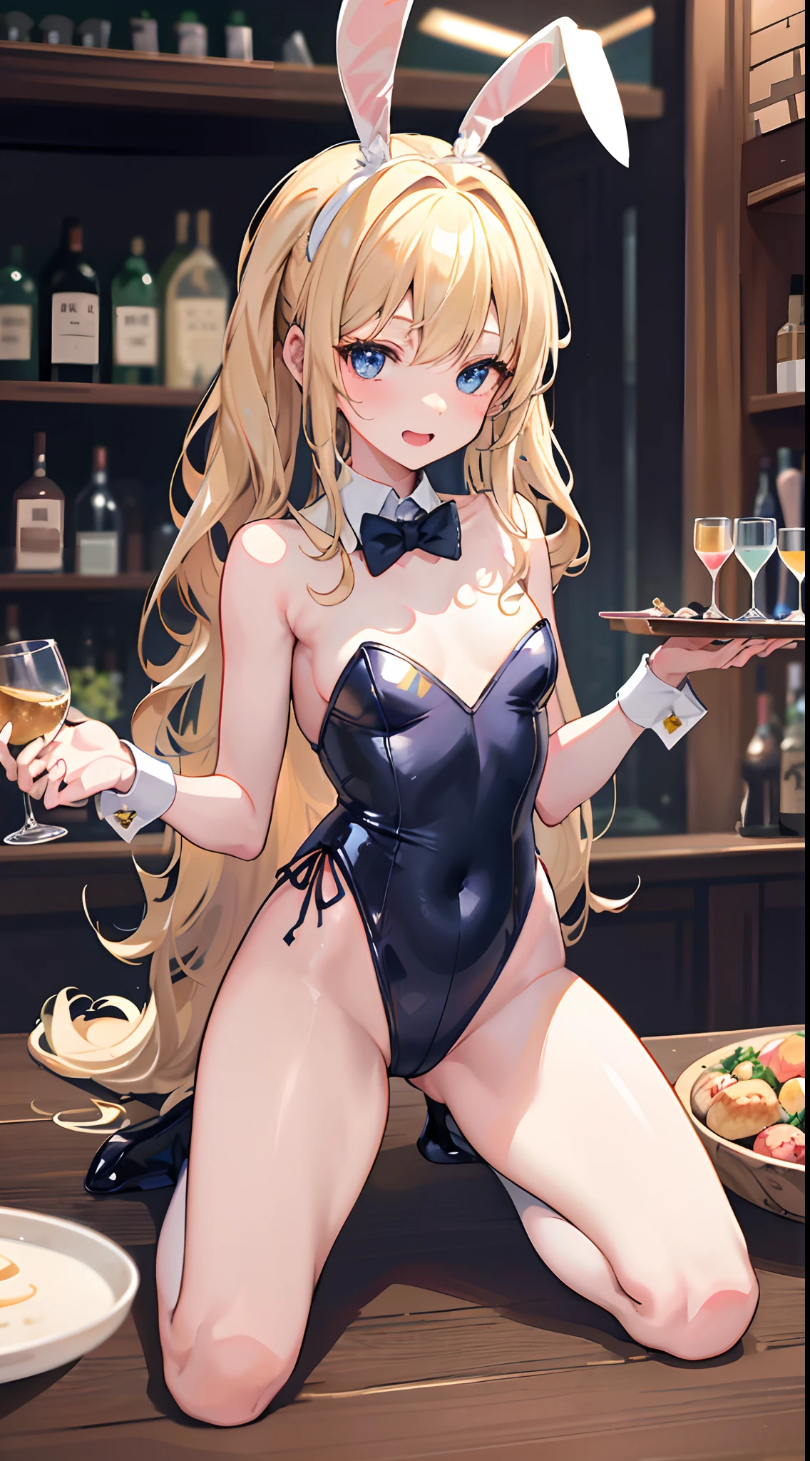 (top-quality、in 8K、32K、masterpiece、nffsw、ighly detailed、Impresionismo、Photorealsitic:1.2)、Full body, (a bar counter、shop front:1.4)、deep-shadows、detailed faces and eyes、beauitful face、blurry backround、20-year-old beauty、shinny skin, Beautiful wavy golden hair、 poneyTail、Blue eyes、beauitful face、blurry backround、Playboy Bunny Girl、High-cut leotards、a bow tie、White cuffs、Thighs wrapped in fishnet stockings、Black rabbit ears、Have a tray of liquor、crouching down、An embarrassed smile with an open mouth、Curve、Dynamic Poses、