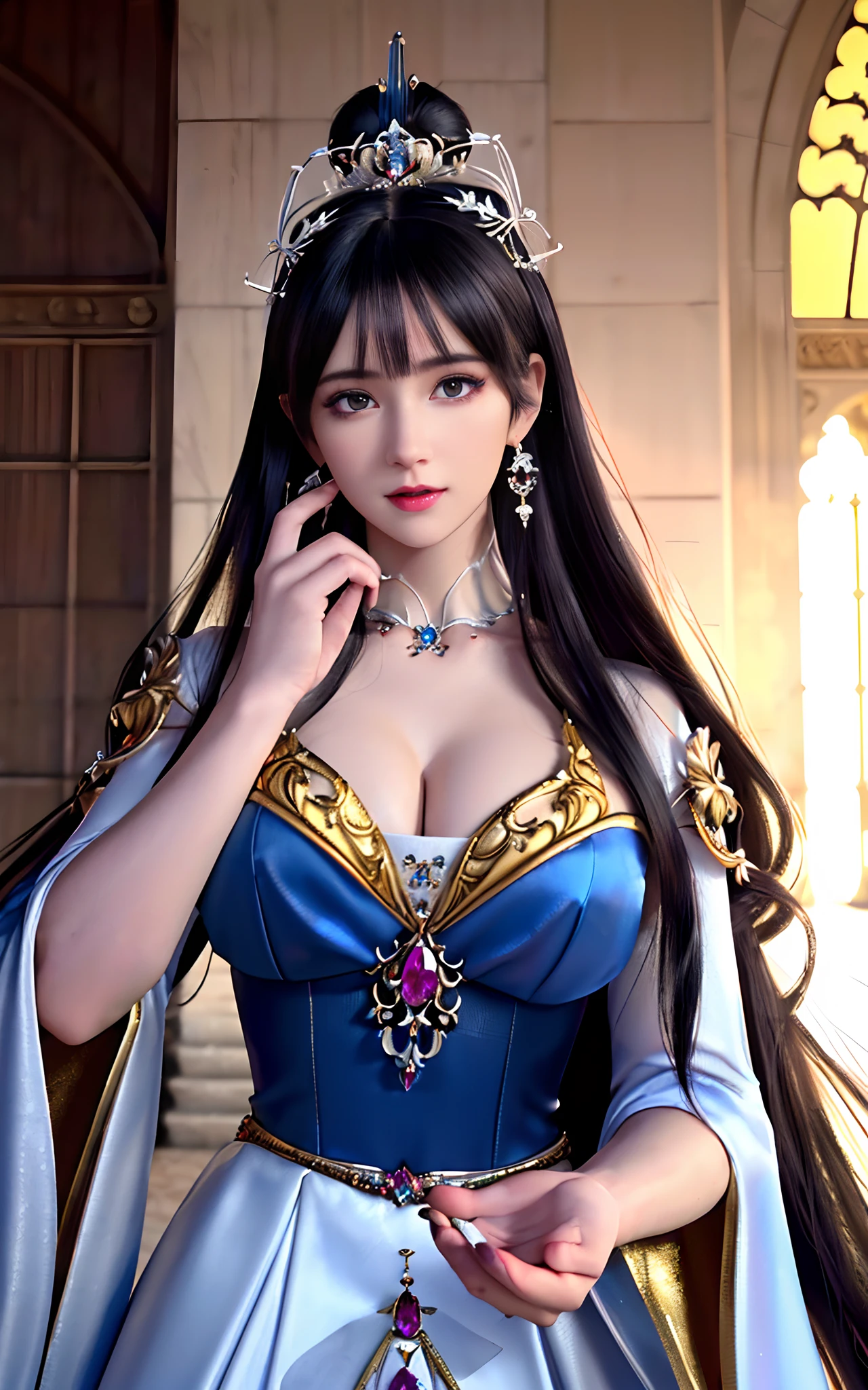 ((realisticity: 1.2)), ((realistic: 8K UHD)), ((best resolution: 8K UHD)), hyper detailed, best quality,masterpiece,highres,cg,
((1 hyper detailed and hyper realistic girl)), ((very beautiful queen dazzling, hyper realistic, and hyper detailed)),((white skin, beautiful, smooth, youthful, hyper realistic and hyper detailed
)), ((Hyper beautiful face, white, hyper realistic and hyper detailed)), long hair, ((hyper realistic and hyper detailed dress)), solo, ((hyper realistic, hyper beautiful, gorgeous and hyper detailed jewelry)), ((hyper beautiful, hyper realistic and hyper detailed dark red and golden yellow dress)),
((Hyper beautiful, hyper realistic, hyper detailed diamond filled earrings)),
((Hyper beautiful, hyper realistic and hyper detailed diamond filled hair ornament)), ((hyper beautiful upper body, hyper beautiful, hyper
realistic and hyper detailed)), ((hyper realistic and hyper detailed fingers and palms)), ((big breasts: 2.5)),
((Hyper grand, hyper realistic and hyper detailed royal palace backgroun))
((Hyper beautiful, hyper beautiful, hyper realistic and hyper detailed hair bun)), ((hyper beautiful, hyper realistic and hyper detailed blue hair)),
candid, Photograph, high resolution, 8k,Bokeh,