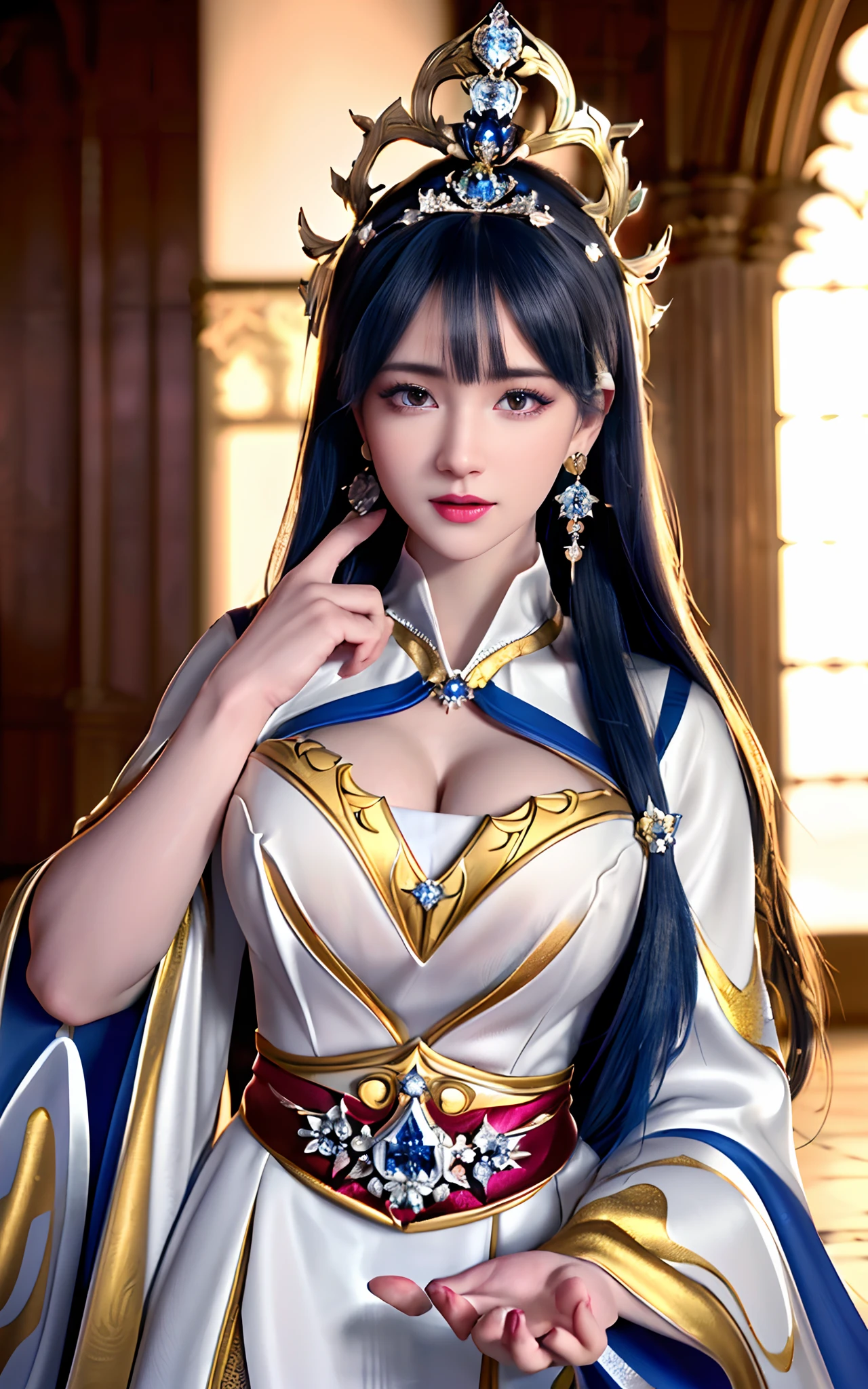 ((realisticity: 1.2)), ((realistic: 8K UHD)), ((best resolution: 8K UHD)), hyper detailed, best quality,masterpiece,highres,cg,
((1 hyper detailed and hyper realistic girl)), ((very beautiful queen dazzling, hyper realistic, and hyper detailed)),((white skin, beautiful, smooth, youthful, hyper realistic and hyper detailed
)), ((Hyper beautiful face, white, hyper realistic and hyper detailed)), long hair, ((hyper realistic and hyper detailed dress)), solo, ((hyper realistic, hyper beautiful, gorgeous and hyper detailed jewelry)), ((hyper beautiful, hyper realistic and hyper detailed dark red and golden yellow dress)),
((Hyper beautiful, hyper realistic, hyper detailed diamond filled earrings)),
((Hyper beautiful, hyper realistic and hyper detailed diamond filled hair ornament)), ((hyper beautiful upper body, hyper beautiful, hyper
realistic and hyper detailed)), ((hyper realistic and hyper detailed fingers and palms)), ((big breasts: 2.5)),
((Hyper grand, hyper realistic and hyper detailed royal palace backgroun))
((Hyper beautiful, hyper beautiful, hyper realistic and hyper detailed hair bun)), ((hyper beautiful, hyper realistic and hyper detailed blue hair)),
candid, Photograph, high resolution, 8k,Bokeh,