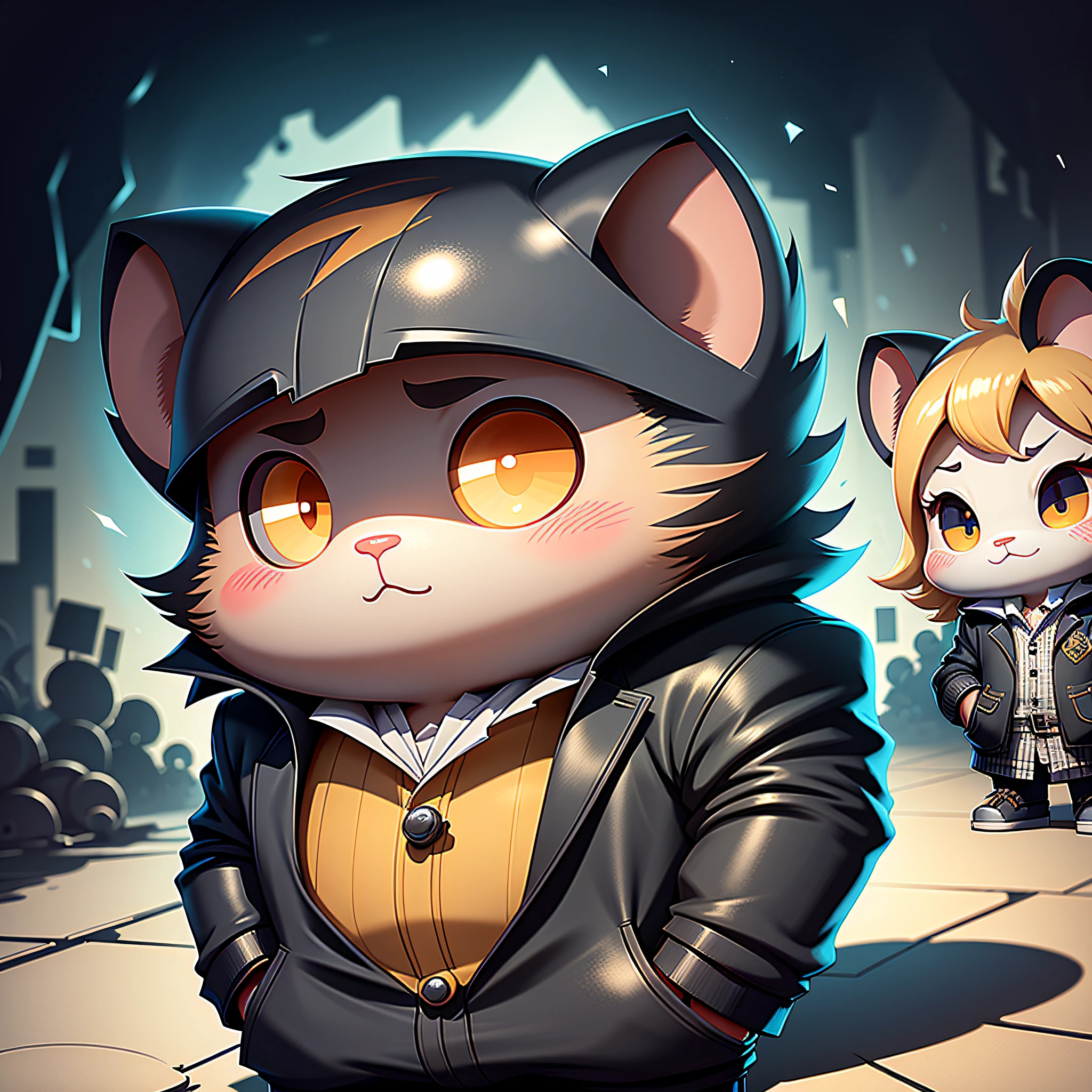 c4tt4stic， （mouse：1.3），full bodyesbian：1.2，dressed in a suit，in blouse wearing，Wear black leather shoes，Put your hands in your pockets，{super detailing，超高分辨率，realisticlying，Super quality，复杂}，
