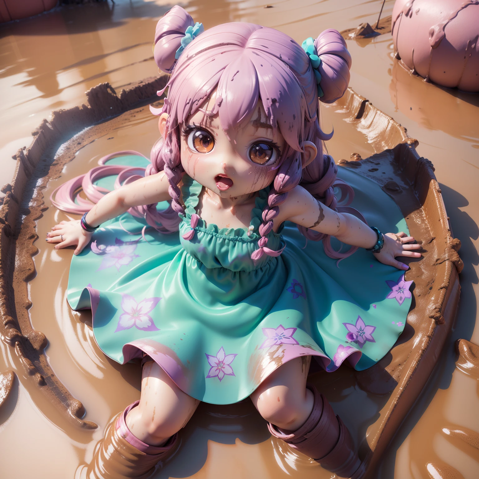 (((Chibi 3D))) extemely cute and beautiful (Chibi:1.8)( Anime characters :1.5),Braided hairstyle mixed with violet and light blue,Big hilarity,Retro floral summer dress is dirty with mud (Lying posing in the mud:1.5) Photo 8k. ( Summer dresses are stained with mud:1.2). She plunges into a quagmire photo).