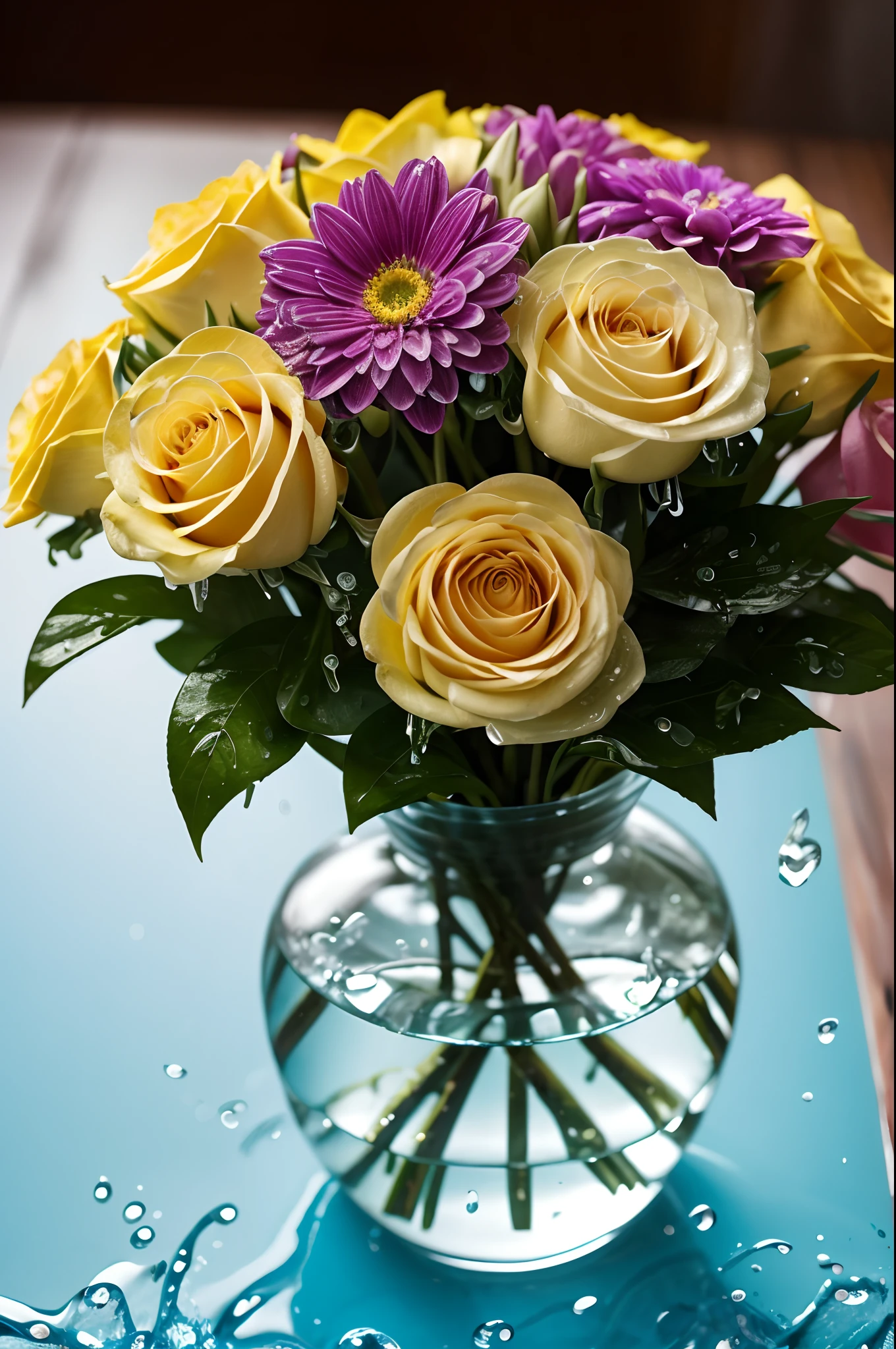 Real photos、Vase filled with flowers（colorful flower、water dripping），（water dripping）closeup cleavage，Ultra photo realsisim，Digital SLR，Close-up Shot Shot，Professional color grading，clean sharp focus，Epic composition，professional photoshooting，Ultra photo realsisim，hyper HD，the detail，hdr，8K