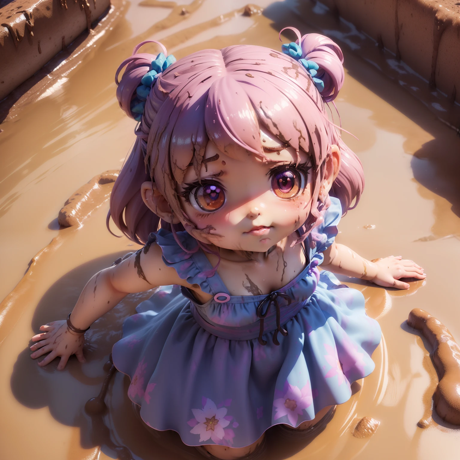 (((Chibi 3D))) extemely cute and beautiful (Chibi:1.8)( Anime characters :1.5),Braided hairstyle mixed with violet and light blue,Big hilarity,Retro floral summer dress is dirty with mud (Lying posing in the mud:1.5) Photo 8k. ( Summer dresses are stained with mud:1.2). She plunges into a quagmire photo).