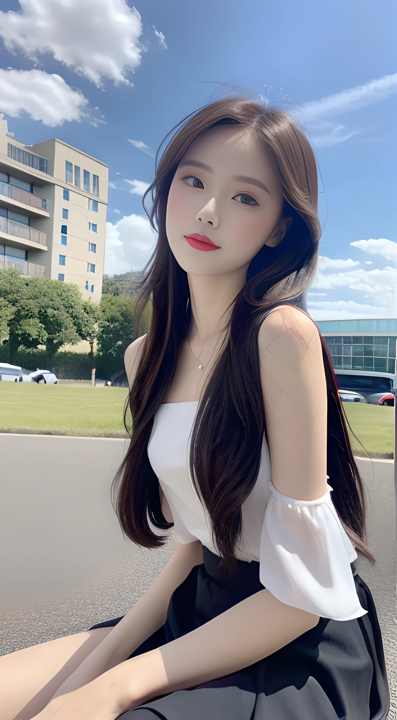 ((best qualtiy, 8K, tmasterpiece:1.3)), A pretty maiden,Pure,skinny and thin,Melon seed face,gentle and cute,A sweet smile,Pure desire,Thin stature,(frontage),(Tilt your head),staring right into camera,uniform, Obi, formal,Black silky long, Straight hair,Long hair flowing over the shoulders,round black big eyes,Clear big eyes,Hydrated red lips,Sweet,Sit by the road,with blue sky and white clouds,grassy fields,Buildings,(Chiffon skirt,Chiffon tops)telephoto shot,